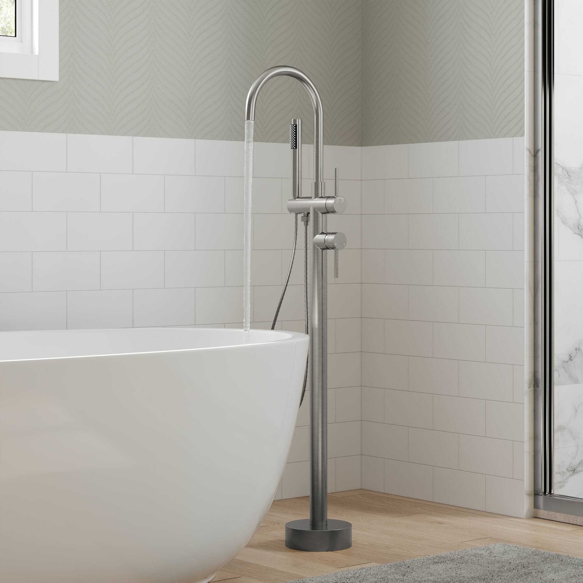 Angle. GRANDJOY - Freestanding Bathtub Faucet with Hand Shower and Floor Mount Installation, Modern Design - Brushed Nickel.