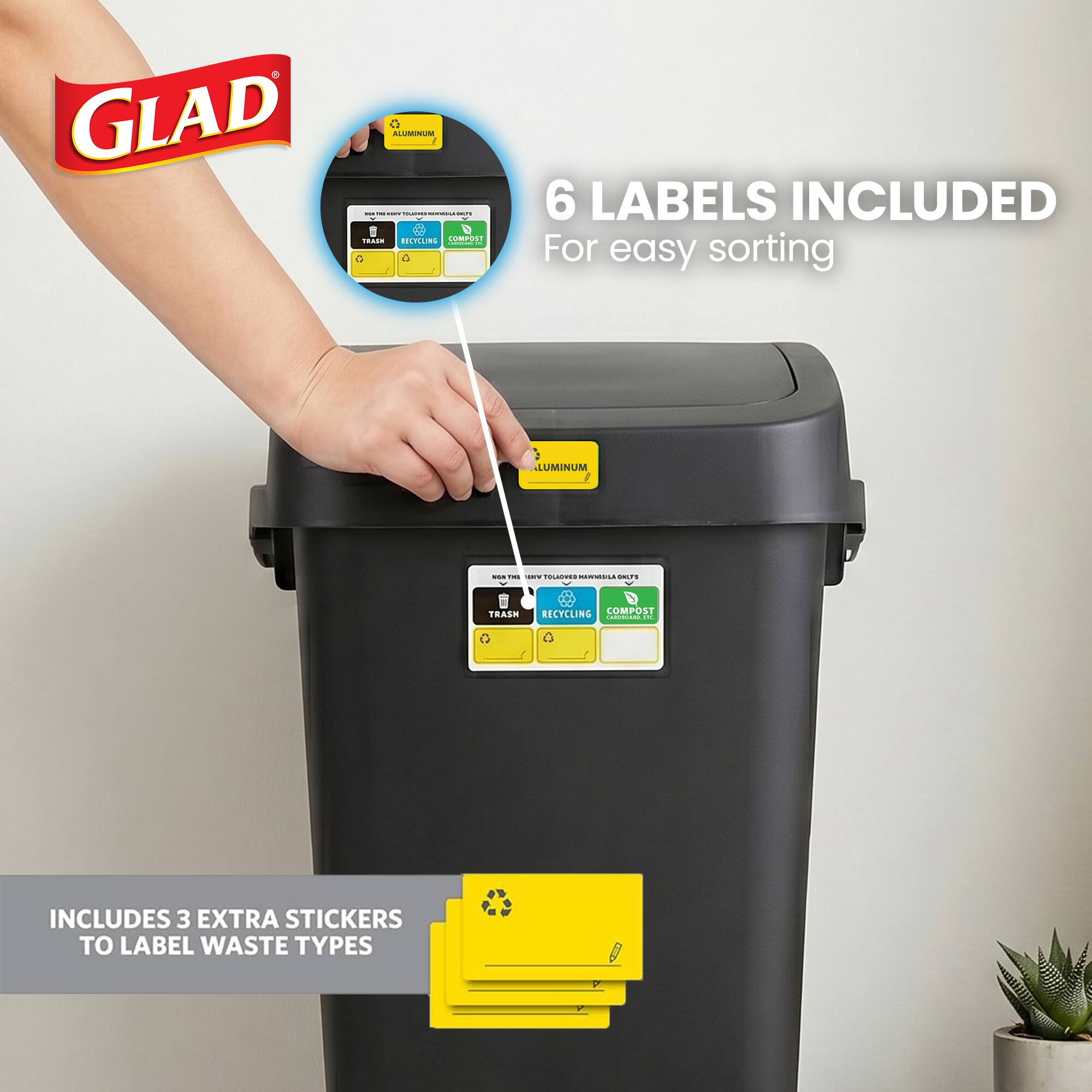 GLAD ALUMINUM - the - TRASK RECYCLING COMPOST - MICIONAL -  
6 LABELS INCLUDED For easy sorting  
LUMINUM  
MILK THE ... TOLLOWES MINISTELLA ONLY'S  
TRASH RECYCLING COMPOST CARDICARD (30  
INCLUDES 3 EXTRA STICKERS TO LABEL WASTE TYPES