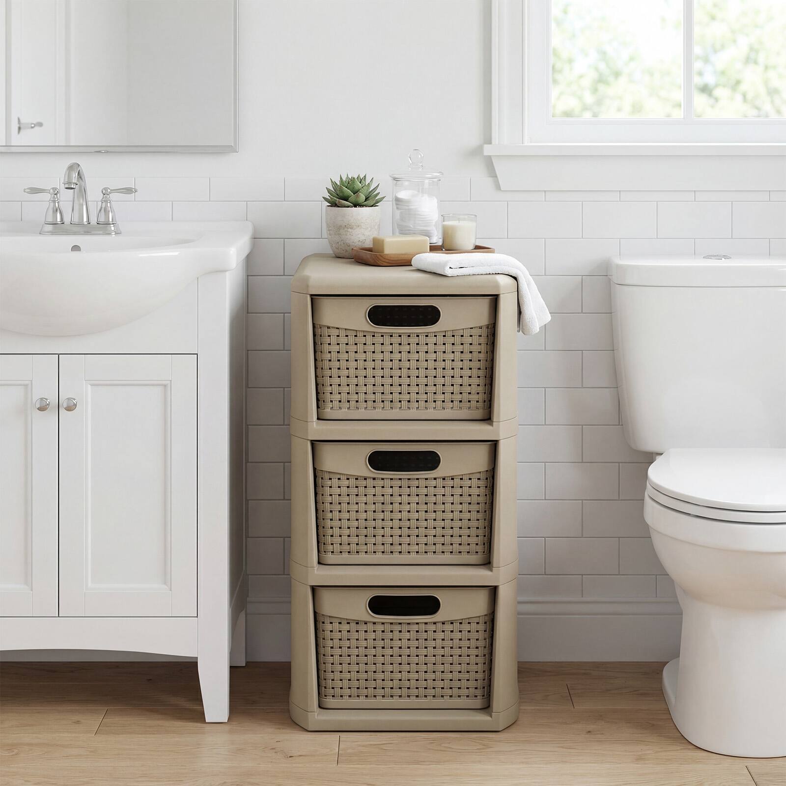 Alt View 3. Costway - Costway 1 PCS 3-Drawer Storage File Organizer Box with Wicker Patterns, Handles for Bedroom, Bathroom - Tan.