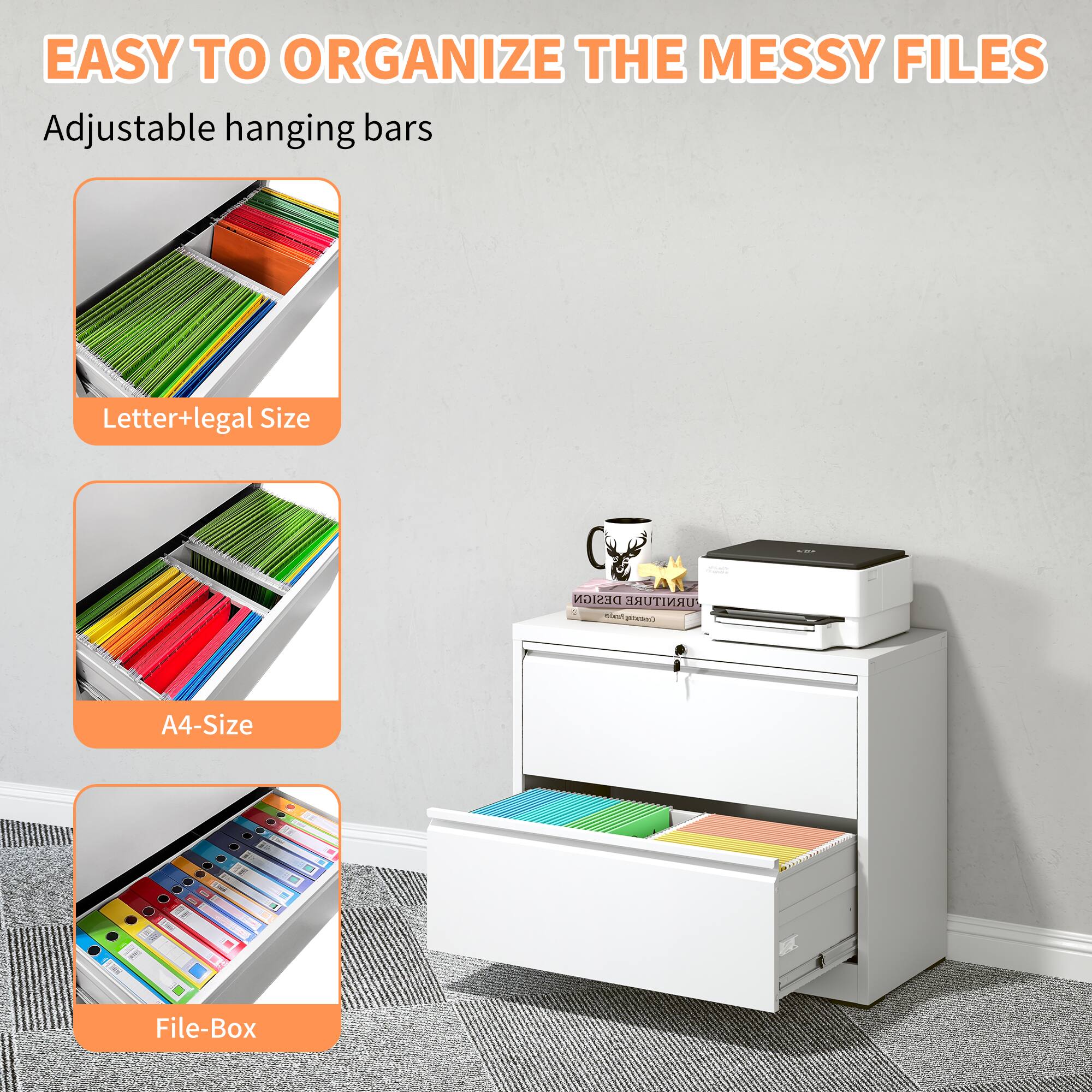 EASY TO ORGANIZE THE MESSY FILES

Adjustable hanging bars

Letter+legal Size

A4-Size

File-Box