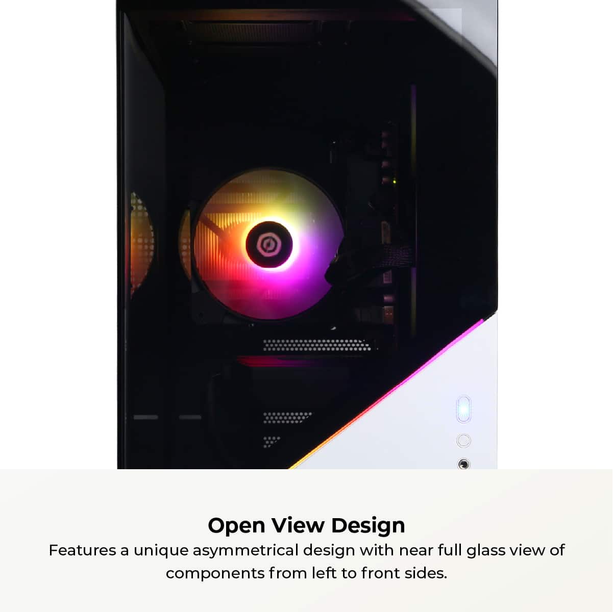 The image features a unique asymmetrical design with a near full glass view of components from left to front sides. This design is part of the Open View Design, which showcases the internal components of the computer in a visually appealing way.