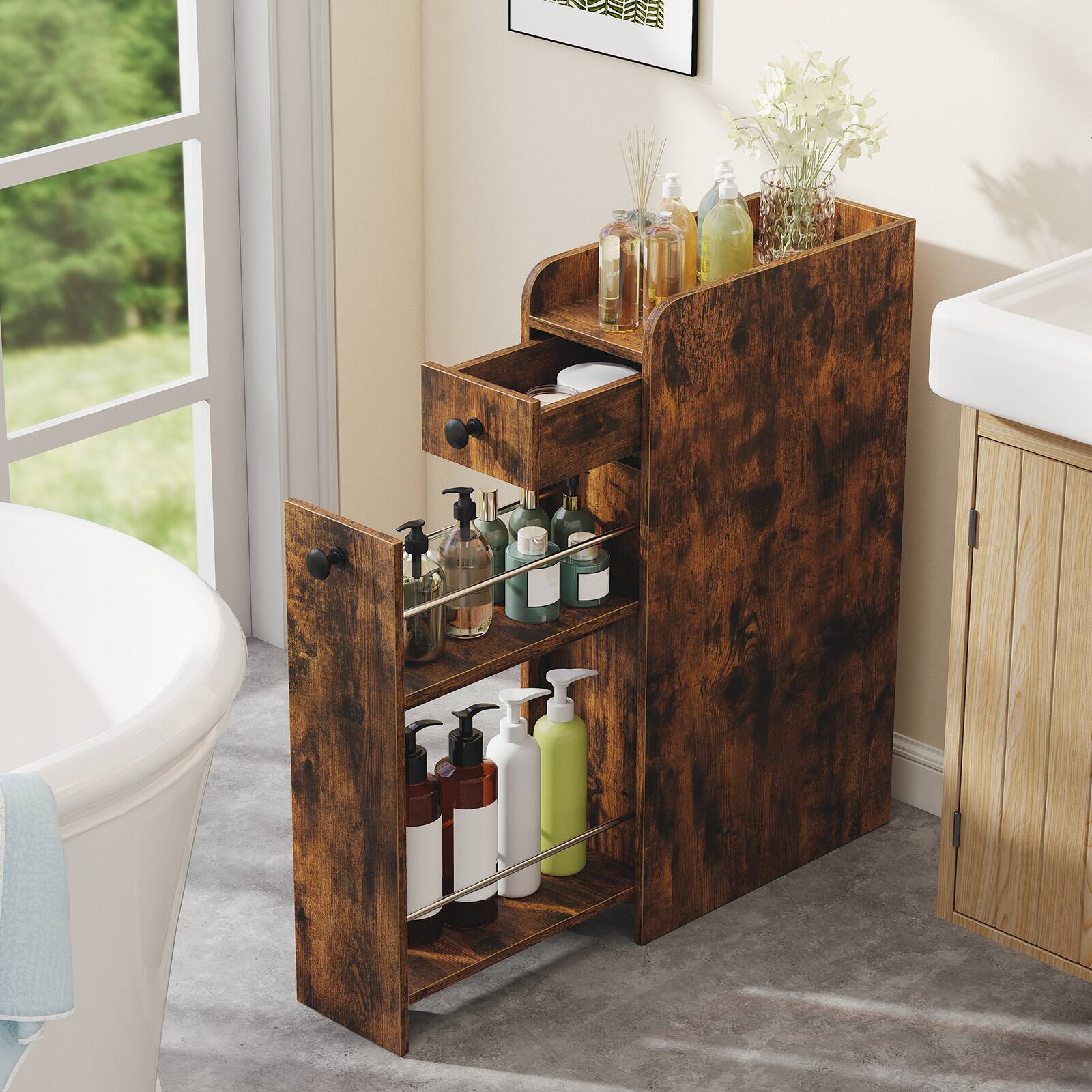 Alt View 2. Costway - Costway Slim Bathroom Storage Cabinet with Slide Out Drawer Spacious Top Rolling Wheels - Rustic Brown.