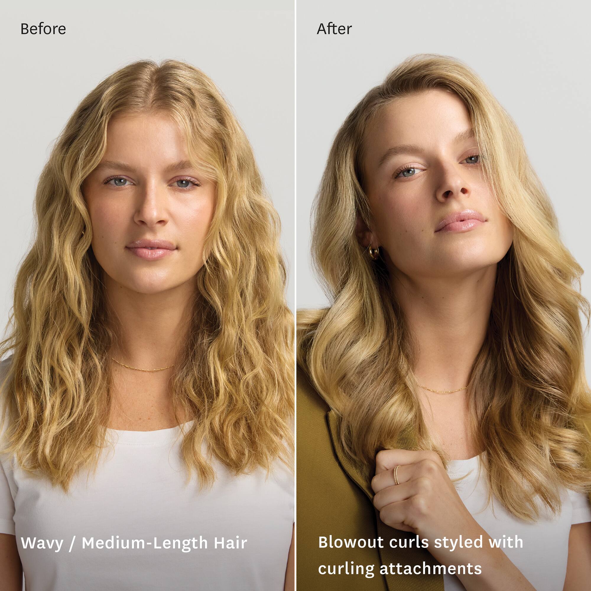 Before After

Wavy / Medium-Length Hair

Blowout curls styled with curling attachments