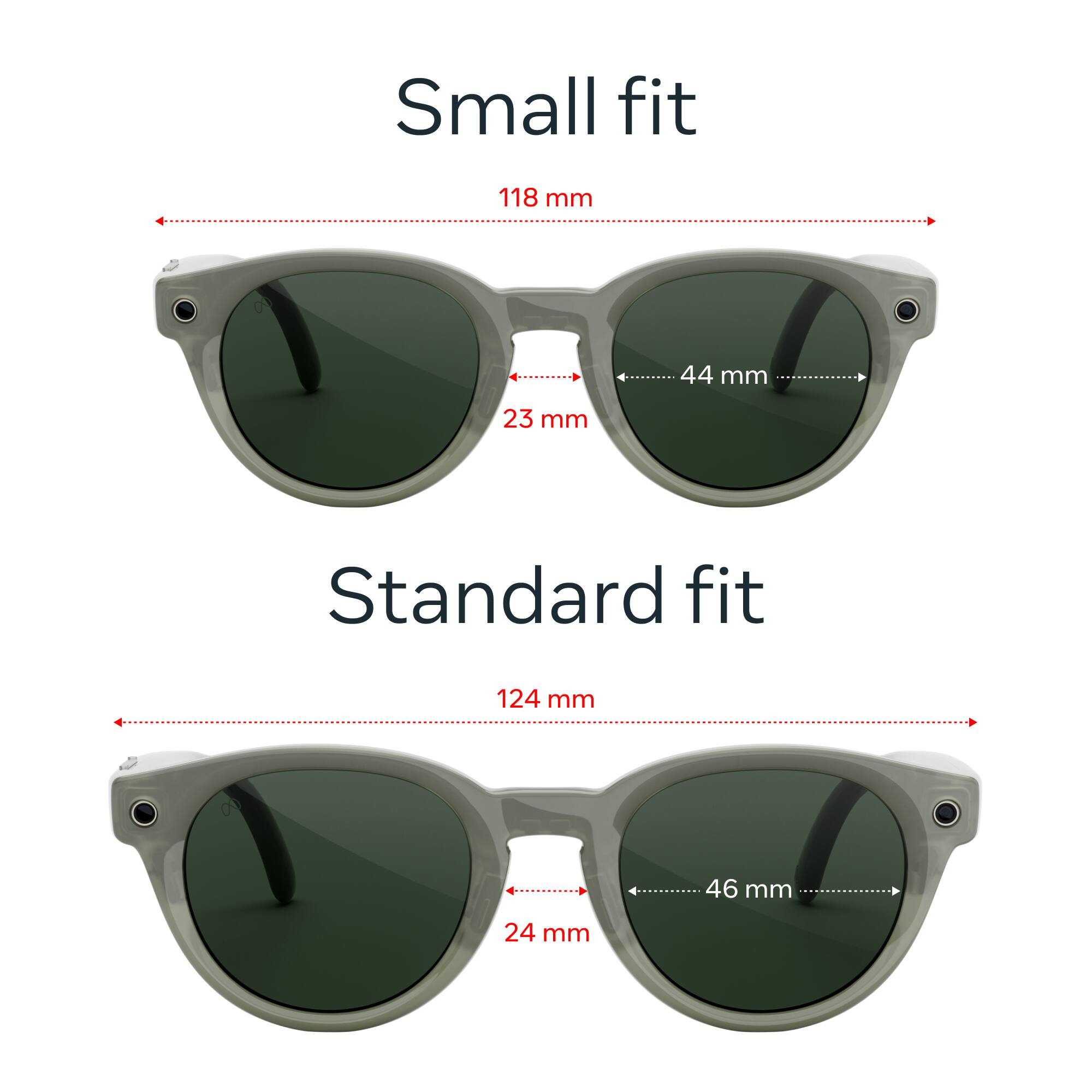 Small fit  
118 mm  
44 mm  
23 mm  

Standard fit  
124 mm  
46 mm  
24 mm