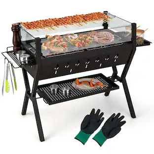 Angle. Costway - Stainless Steel Barbecue Charcoal Grills with Seasoning Racks & Storage Shelf - Brown.
