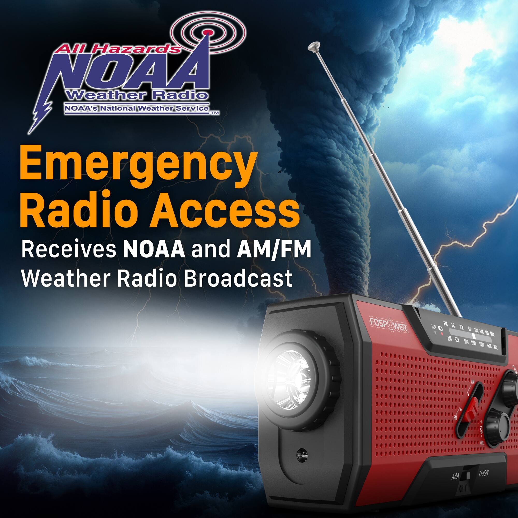 All Hazards NOAA Weather Radio  
NOAA's National Weather Service  

Emergency Radio Access  
Receives NOAA and AM/FM Weather Radio Broadcast