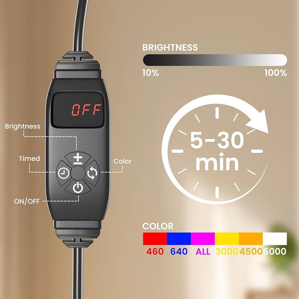 Brightness: 10% - 100%  
Timed: 5-30 min  
Color: 460 - 640 nm  
All: 3000 - 4500 - 6000