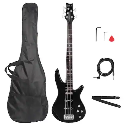 Front. Winado - 5 String GIB Electric Bass Guitar, Full Size Standard Right Handed Rosewood Fretboard Basswith Gig Bag Strap Cable Tool.