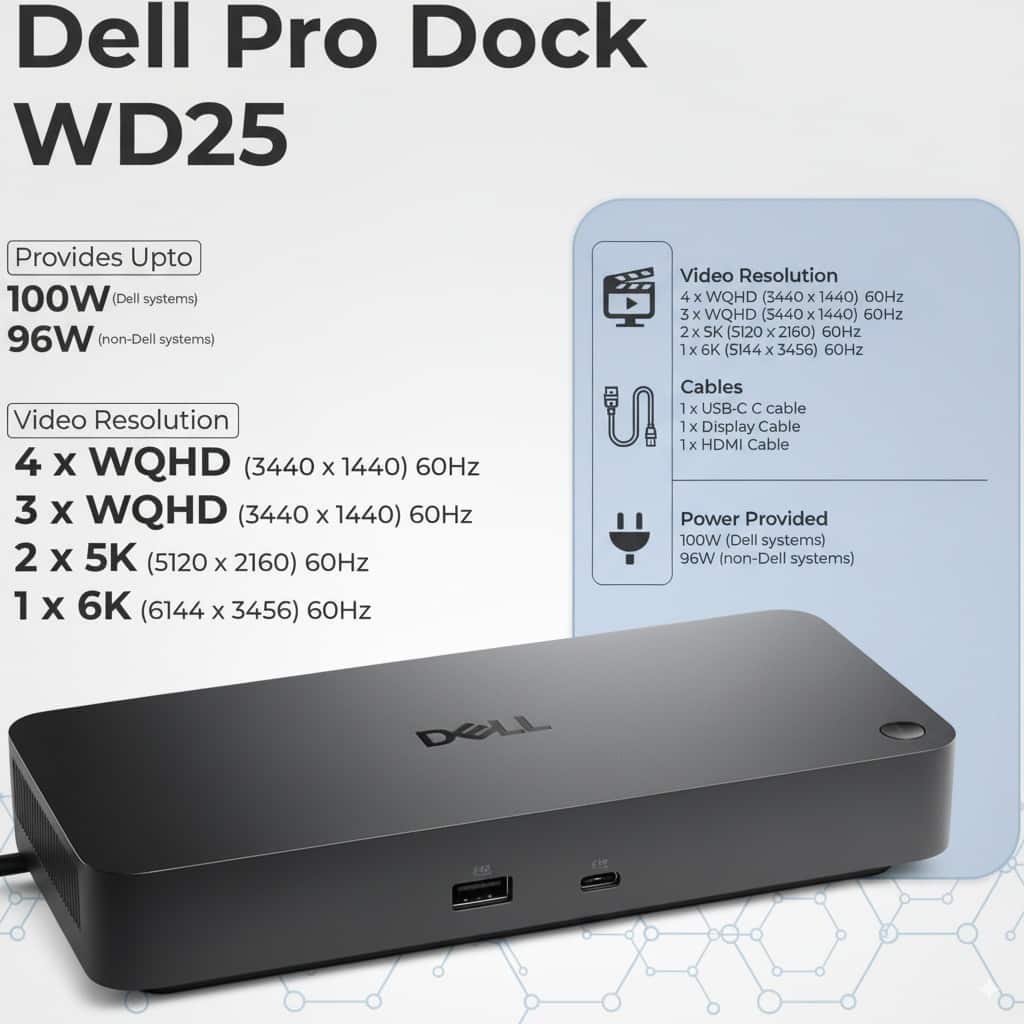 Dell WD25 Pro Dock Universal 100W USB C Docking Station Bundle
