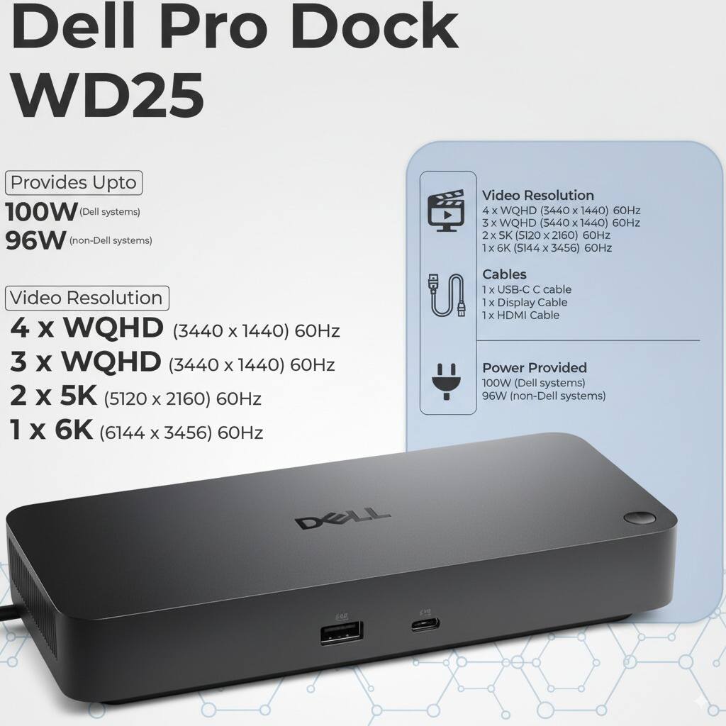 Dell Pro Dock WD25

Provides Upto  
100W (Dell systems)  
96W (non-Dell systems)

Video Resolution  
4 x WQHD (3440 x 1440) 60Hz  
3 x WQHD (3440 x 1440) 60Hz  
2 x 5K (5120 x 2160) 60Hz  
1 x 6K (6144 x 3456) 60Hz

Cables  
1 x USB-C C cable  
1 x Display Cable  
1 x HDMI Cable

Power Provided  
100W (Dell systems)  
96W (non-Dell systems)