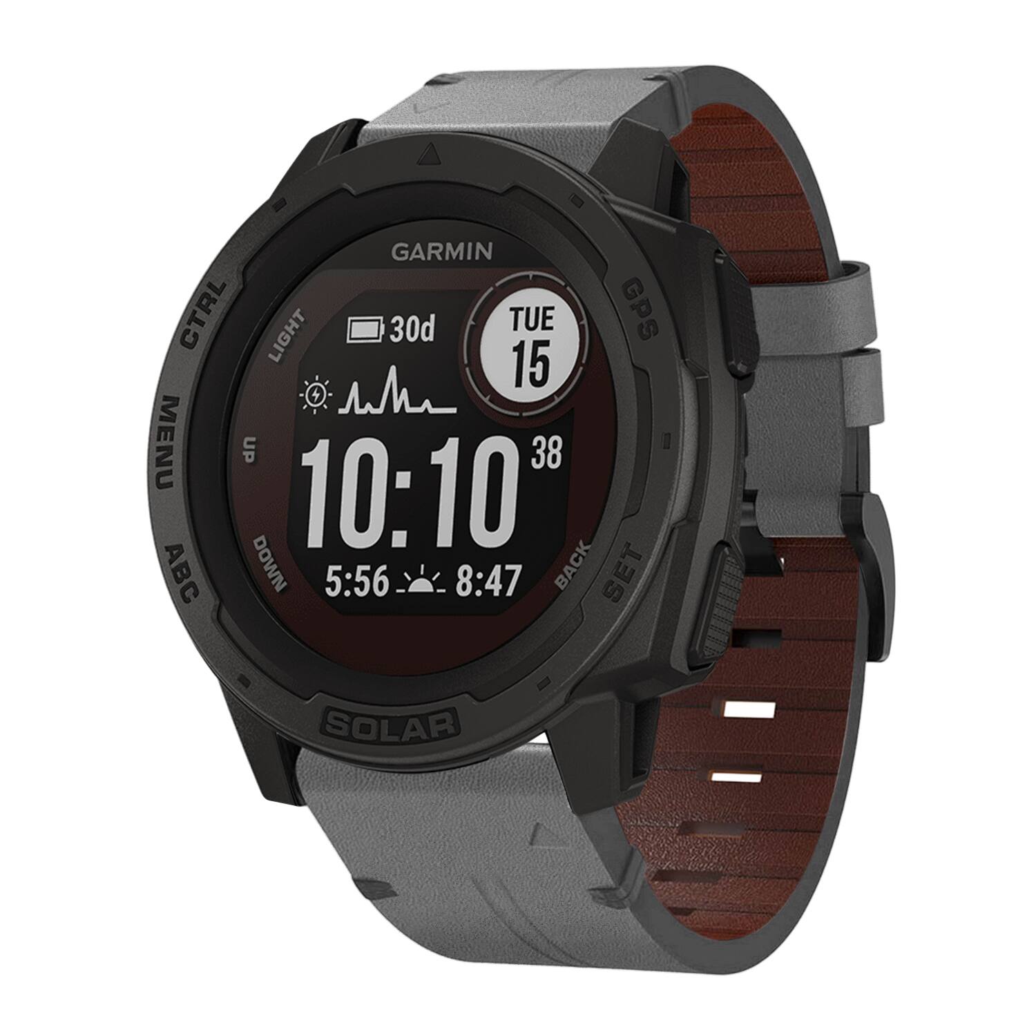 GARMIN 7 CTRL TUE 15 LIGHT 30d 2 15 MENU UP 10:10' 38 ABC DOWN 5:56 8:47 BACK SET SOLAR