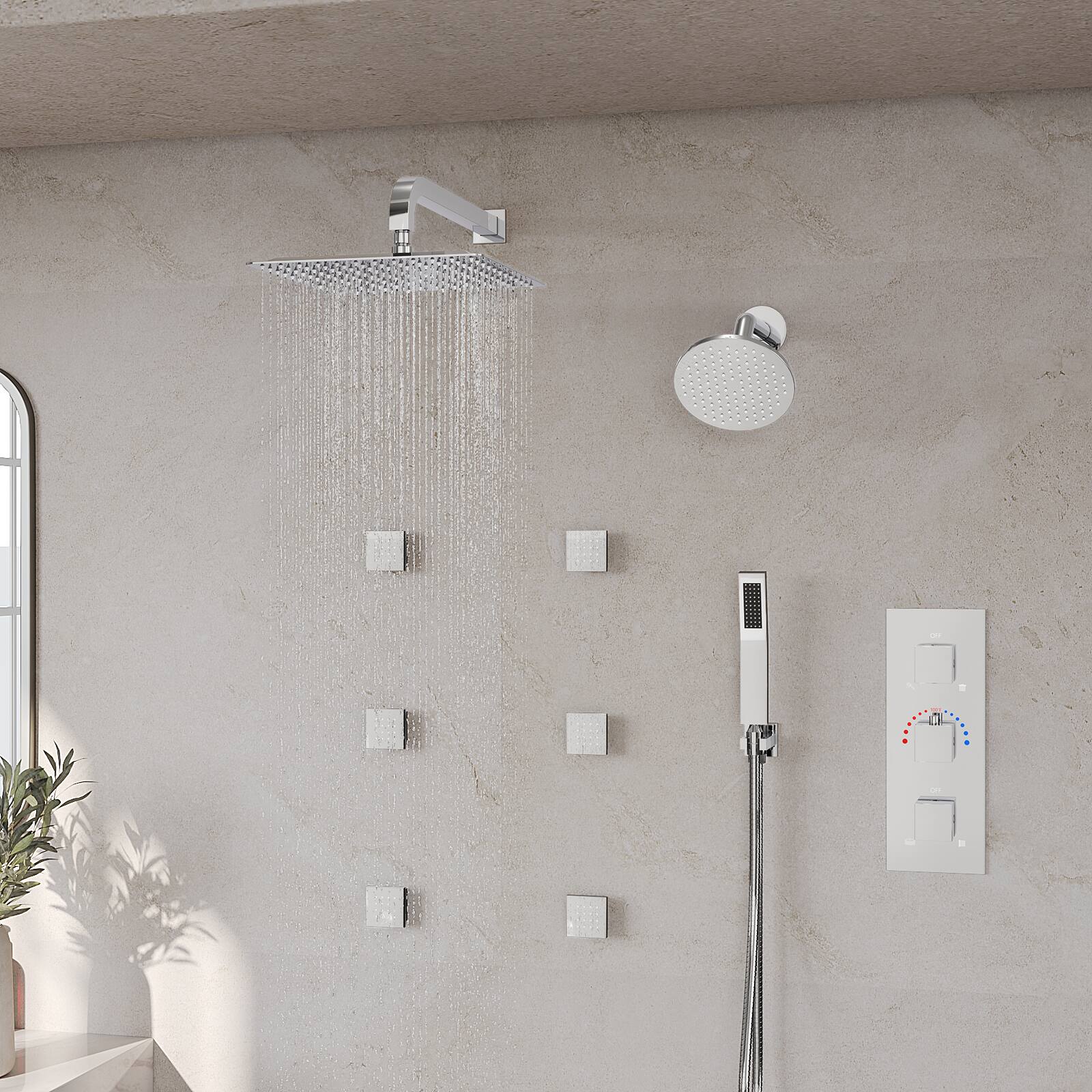 Alt View 6. GRANDJOY - 12" Rain Shower System with 6" Wall Shower, Handheld Sprayer, 6 Body Jets and Thermostatic Brass Valve Faucet Set - Chrome.