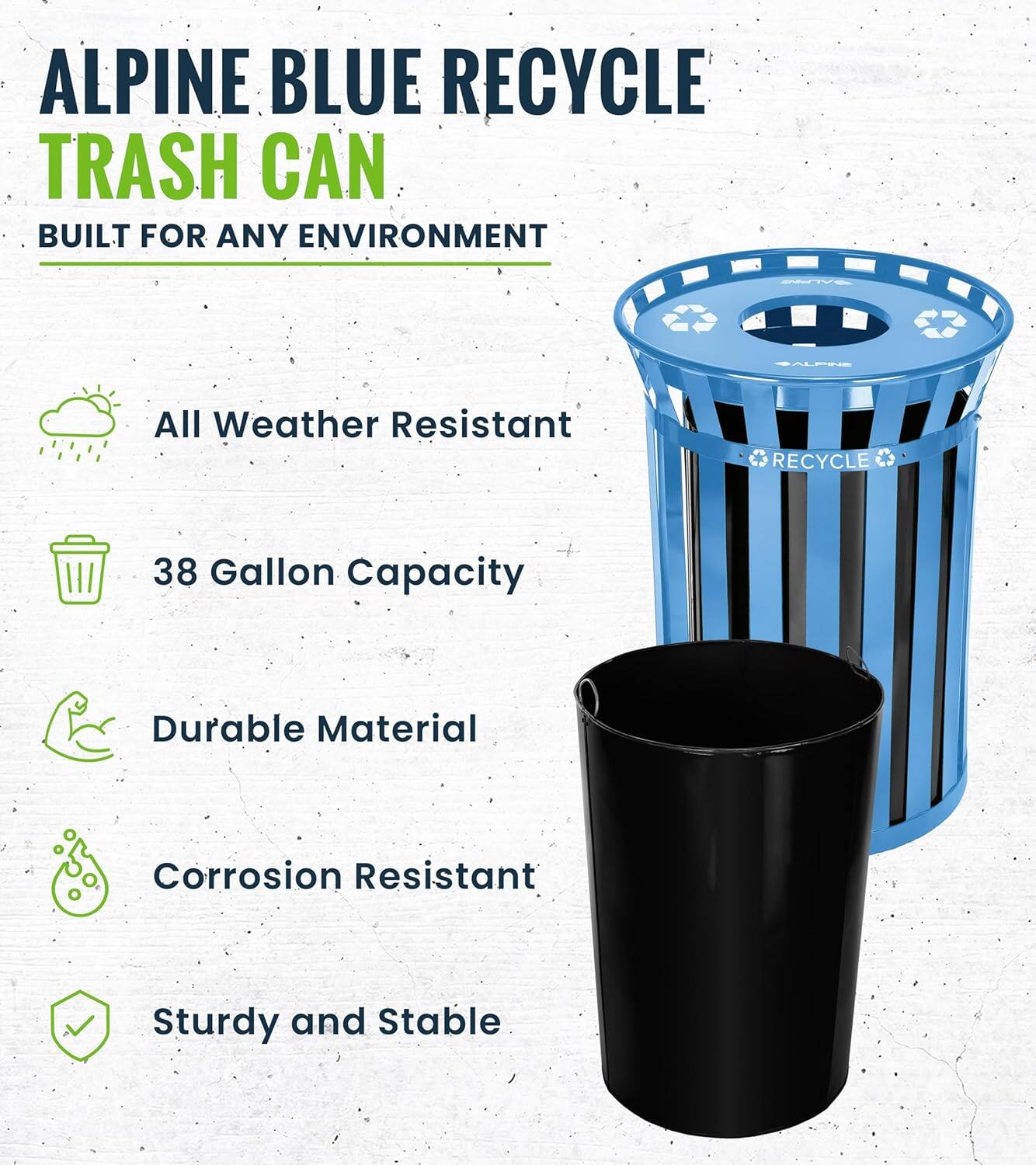 ALPINE BLUE RECYCLE TRASH CAN BUILT FOR ANY ENVIRONMENT - All Weather Resistant, 38 Gallon Capacity, Durable Material, Corrosion Resistant, Sturdy and Stable