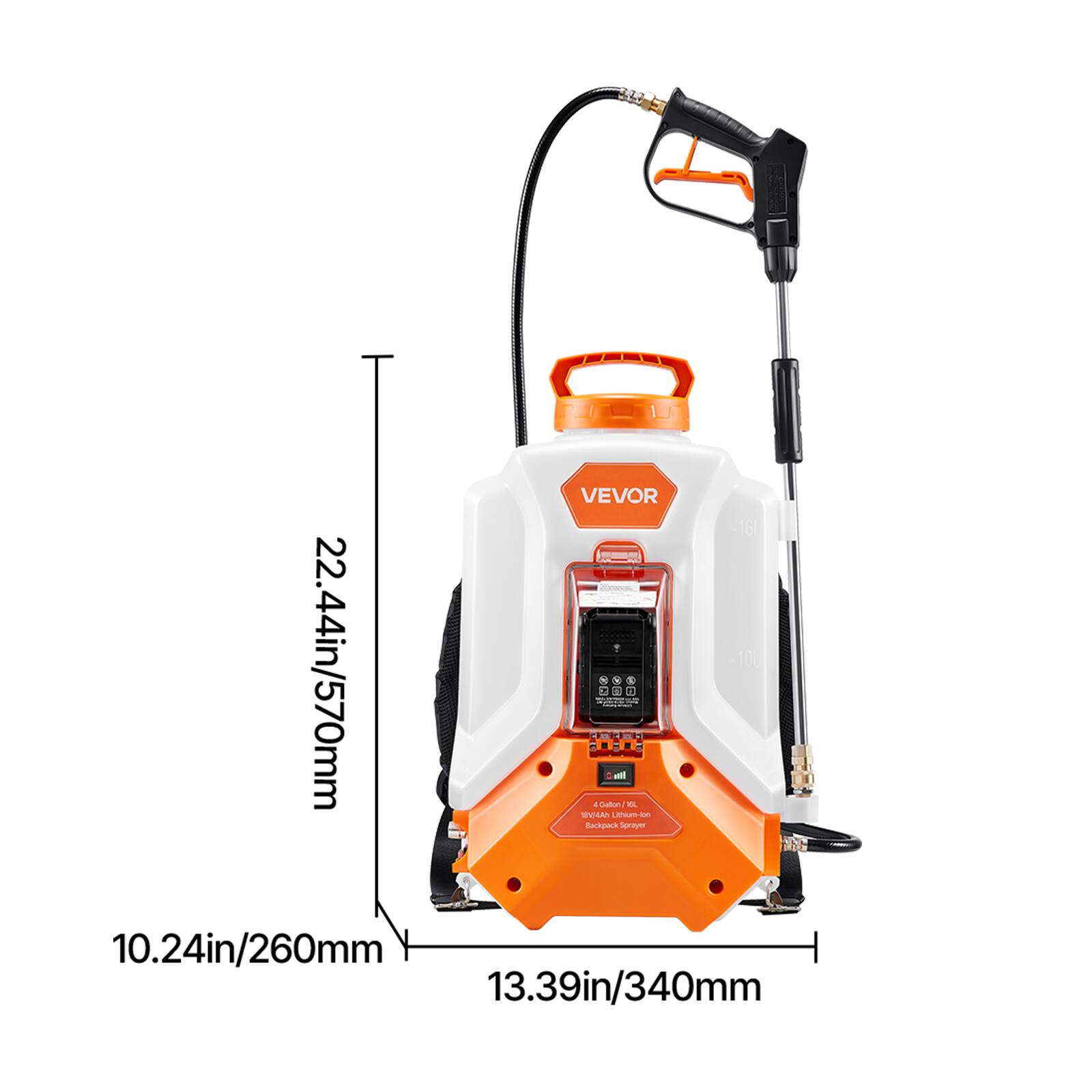 VEVOR - Battery Powered Backpack Sprayer, 4 Gallons Electric Backpack Sprayer, 2 Wands & 8 Nozzles, Adjustable 0-90 PSI - White + Orange - Thumbnail 2