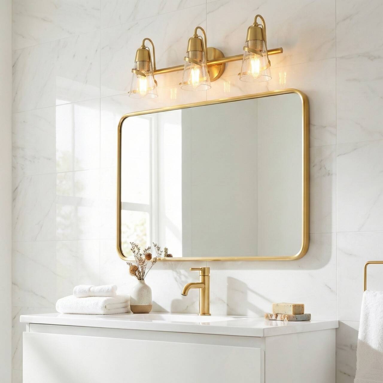 Alt View 1. Parrot Uncle - 24" Modern Gold 3-Light Bathroom Vanity Sonces Wall Light with Seeded Glass Shades - Gold, Clear.