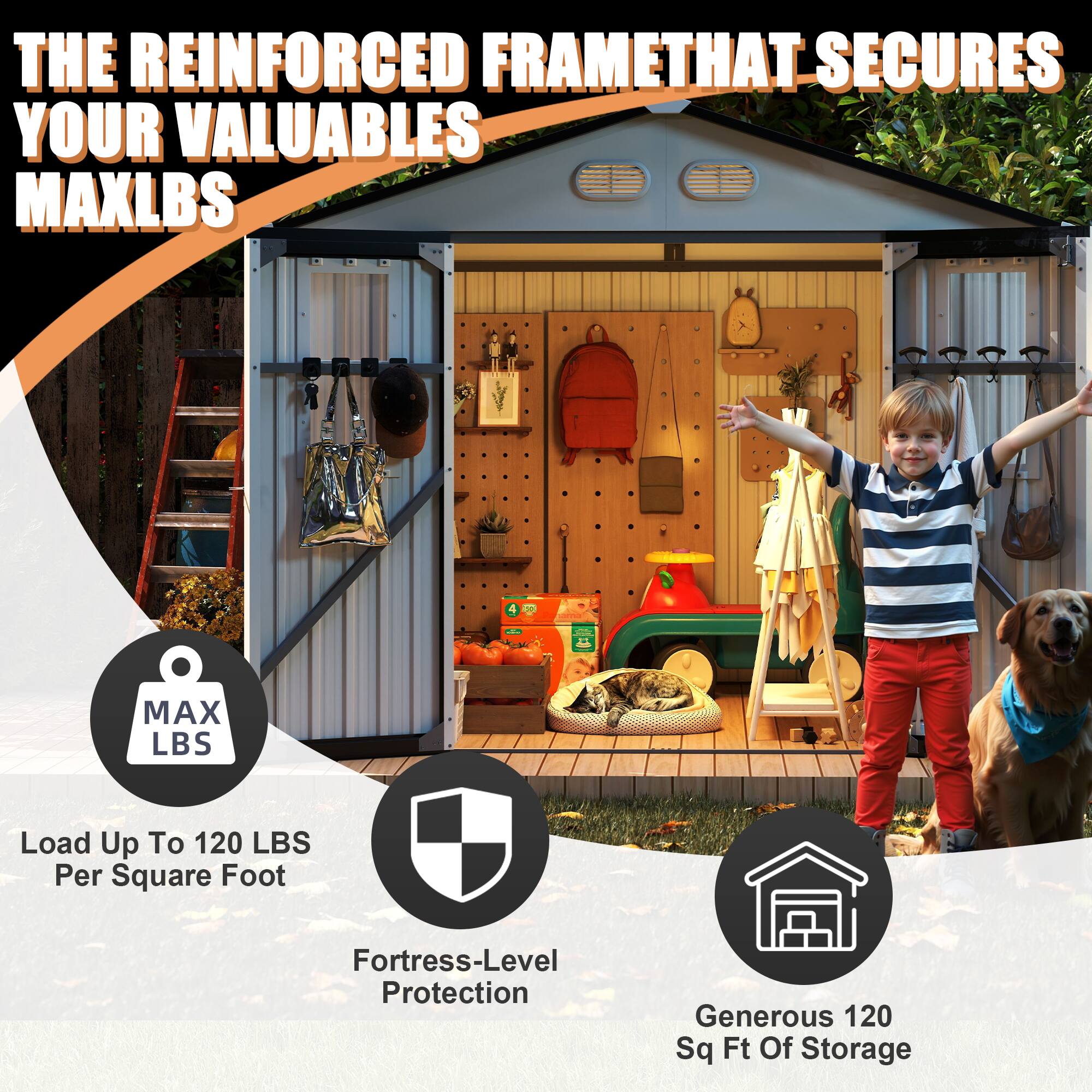 THE REINFORCED FRAME THAT SECURES YOUR VALUABLES MAX LBS

Load Up To 120 LBS Per Square Foot

Fortress-Level Protection

Generous 120 Sq Ft Of Storage