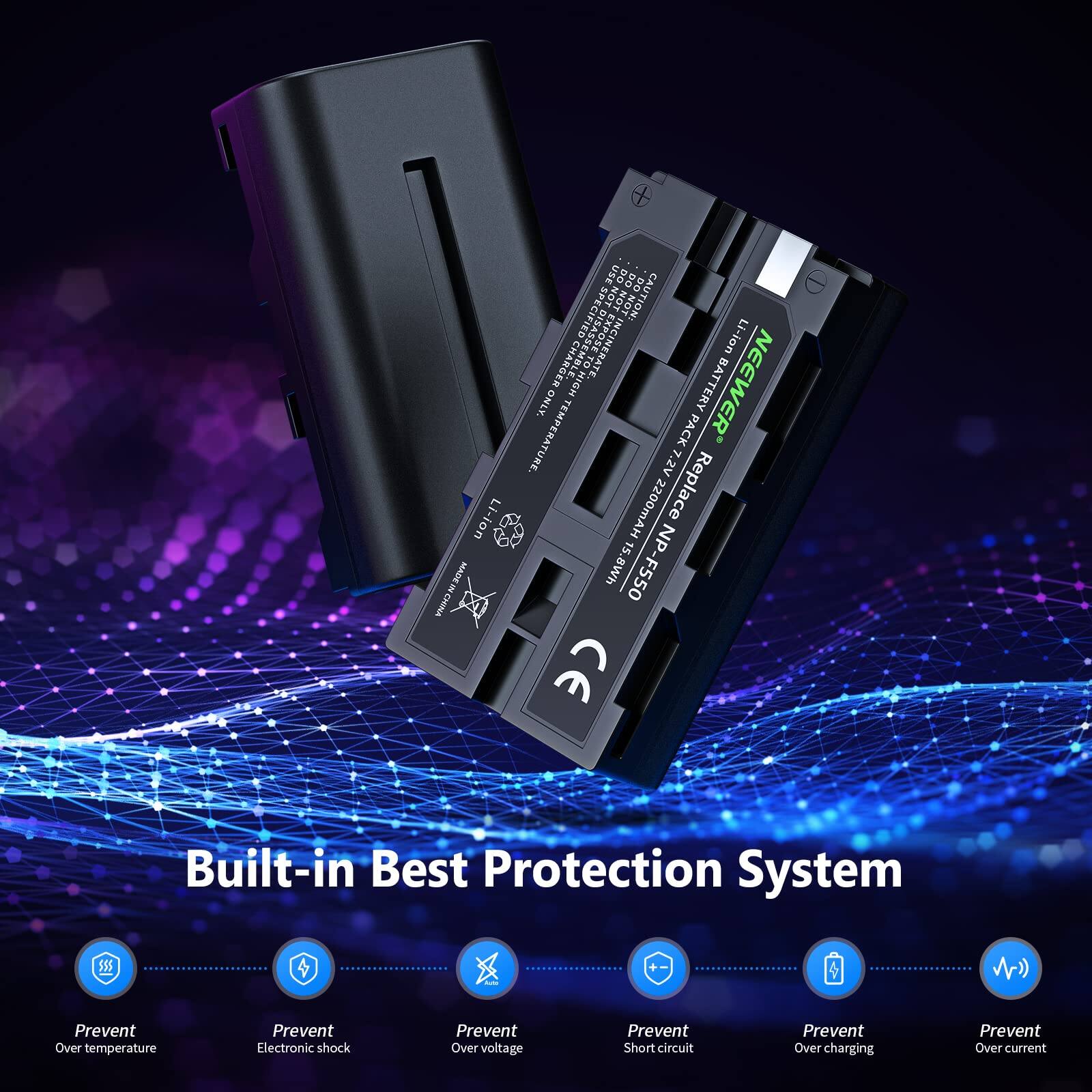 USES LONOO DD DO DO USE SPECIFIED NOT NOT CAUTION ON DNOSE NCINERATE. Li-ion CHARGER HIHO BATTERY NEEWER ONLY. TEMPERATURE PACK 7.2V Li-ion 2200mAh Replace NP MADE N CHIM 15.8Wh NP-F550 an CE Built-in Best Protection System 555 Prevent Over temperature Prevent Electronic shock Prevent Over voltage Prevent Short circuit Prevent Over charging Prevent Over current

Built-in Best Protection System

- Prevent Over temperature
- Prevent Electronic shock
- Prevent Over voltage
- Prevent Short circuit
- Prevent Over charging
- Prevent Over current