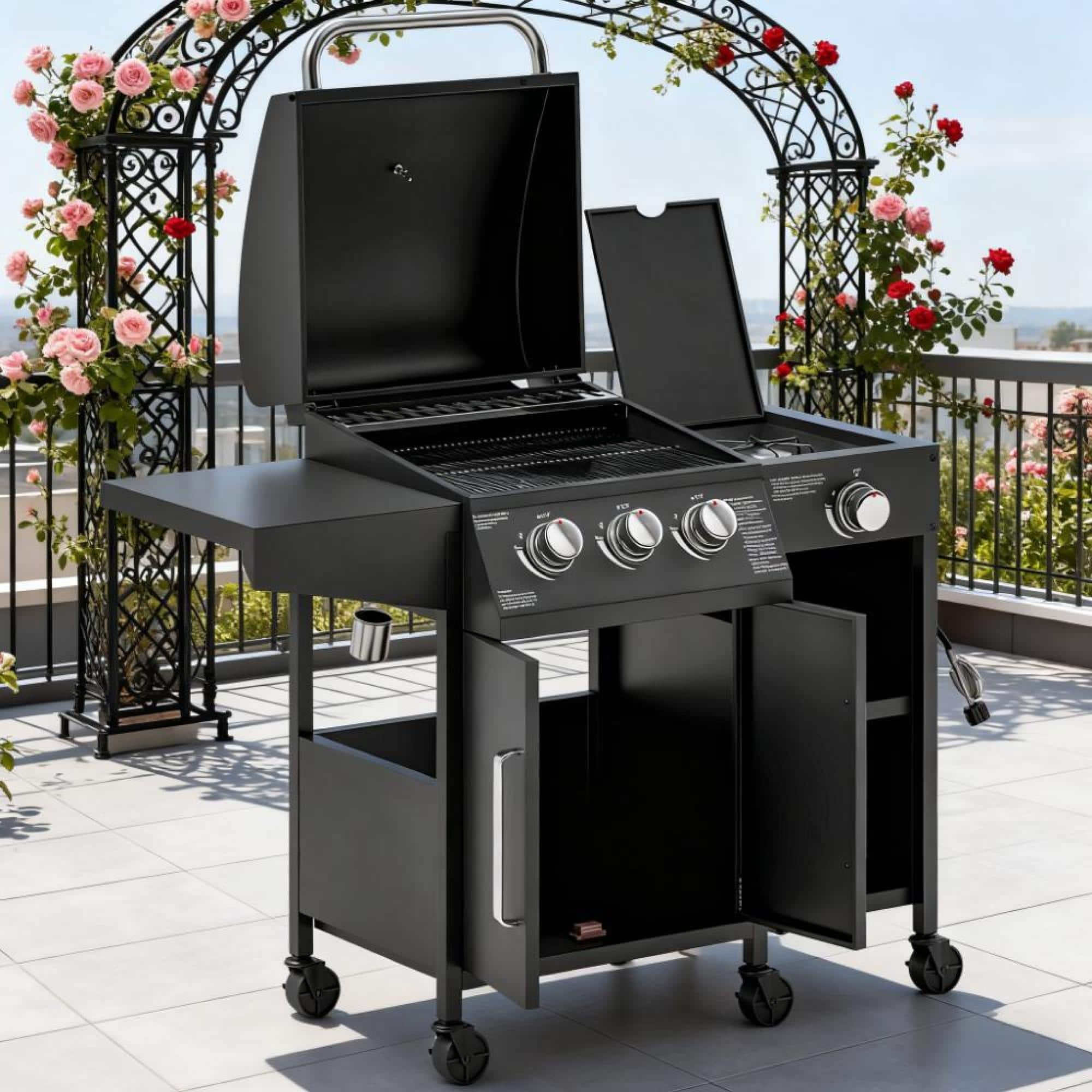 GOODSILO - Premium Outdoor Gas Grill with Side Burner and Foldable Side Tables for Versatile Cooking and Convenient Storage - Black