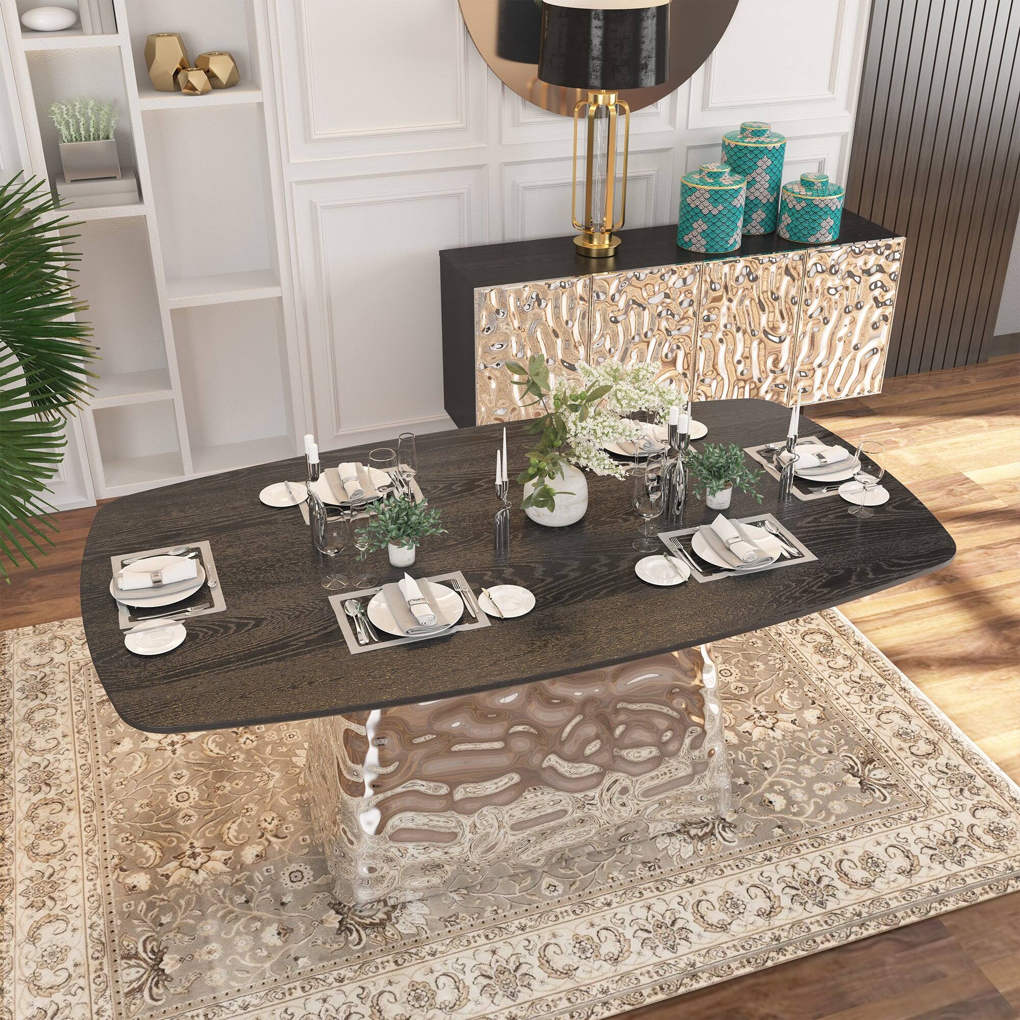 Alt View 10. Boyel Living - Silver and Black Wood 70.87 Inch Pedestal Dining Table Seats 6 Modern Luxury Stainless Steel Base - Multi-Colored.