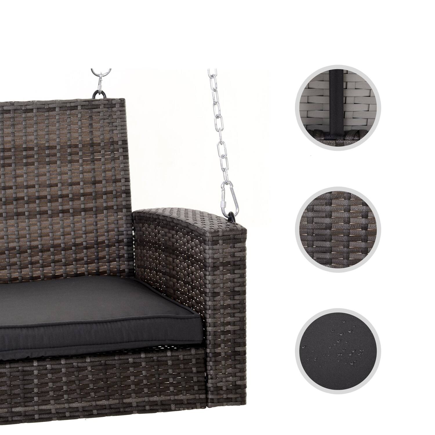 Left. Hivvago - Grey Tones Wicker Porch Swing 7ft Hanging Chain with Dark Grey Padded Cushion - Grayish Brown, Dark Charcoal Gray.