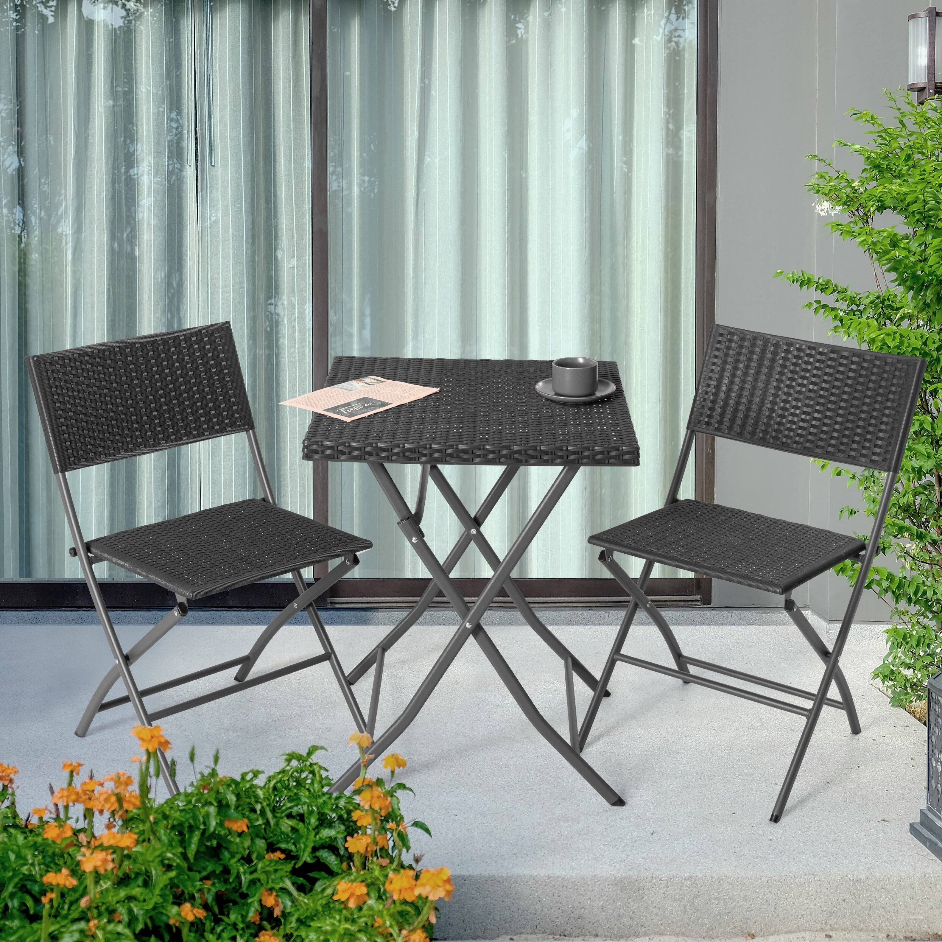 Angle. Nuu Garden - Outdoor 3 Pieces Folding Bistro Set, Waterproof PP Rattan Table and Chairs - Black.