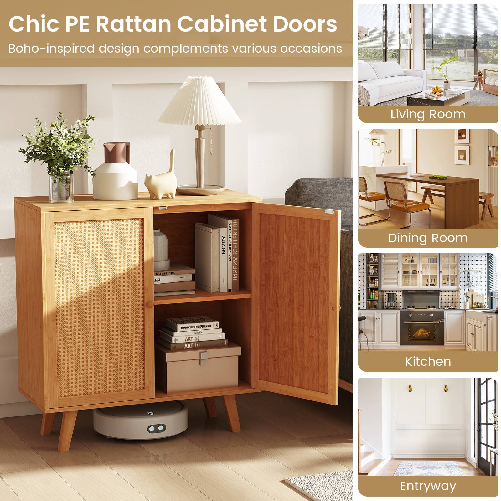 Chic PE Rattan Cabinet Doors  
Boho-inspired design complements various occasions  

Living Room  
Dining Room  
Kitchen  
Entryway