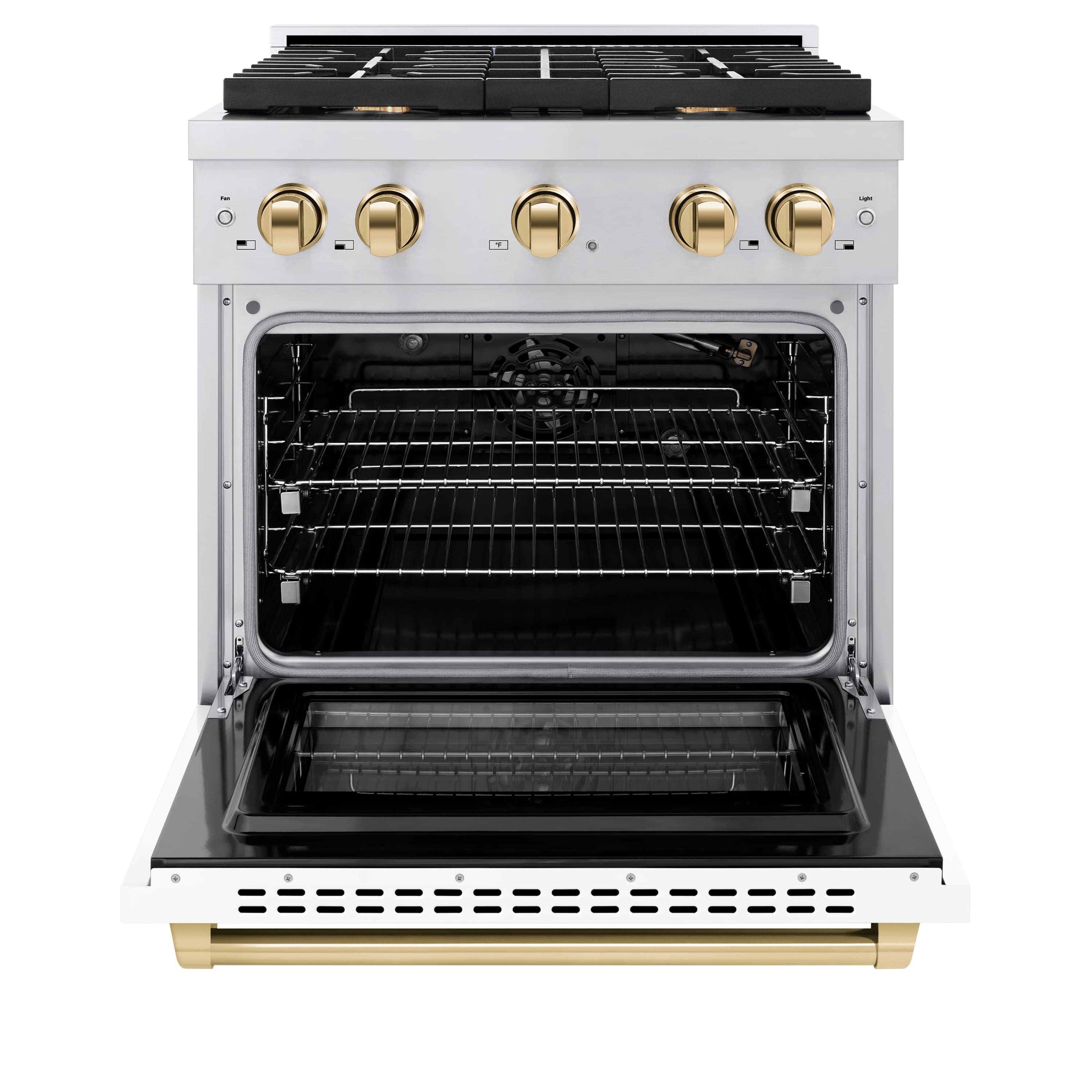 Angle. ZLINE - Autograph 30" Paramount Gas Range w/ 4 Burners & White Door w/ Gold Accents (SGRZ-WM-30-G) - White.