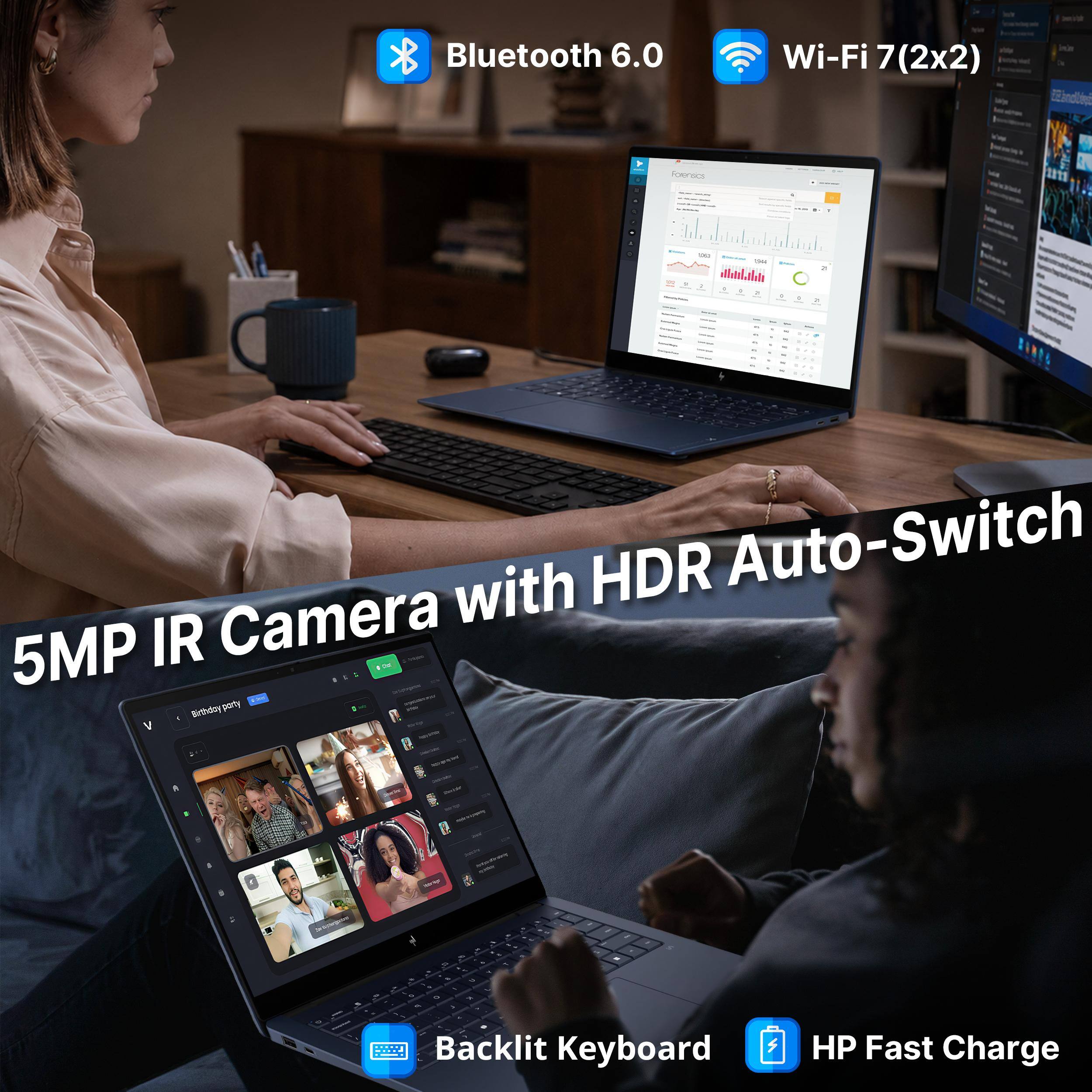 Bluetooth 6.0  
Wi-Fi 7 (2x2)  
Eindbeel Coes  
5MP IR Camera with HDR Auto-Switch  
Backlit Keyboard  
HP Fast Charge