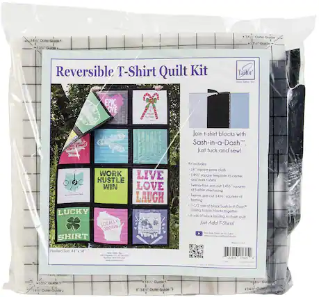 Reversible T-Shirt Quilt Kit
Join t-shirt blocks with Sash-in-a-Dash Just tuck and sew!
Kit Includes:
16" square press cloth
14" square template to center and mark t-shirts
Twenty-four, pre-cut 14" squares of fusible interfacing
Twelve, pre-cut 14" squares of batting
7-1/2 yds of black Sash-In-A-Dash casing to join blocks together
6 yds of black binding to finish quilt
Just Add T-Shirts!
Finished Size: 44" x 58"
Made in USA
EPIC LOVE
WORK HUSTLE WIN LOVE LAUGH
LUCKY SHIRT
LOCALLY GROWN