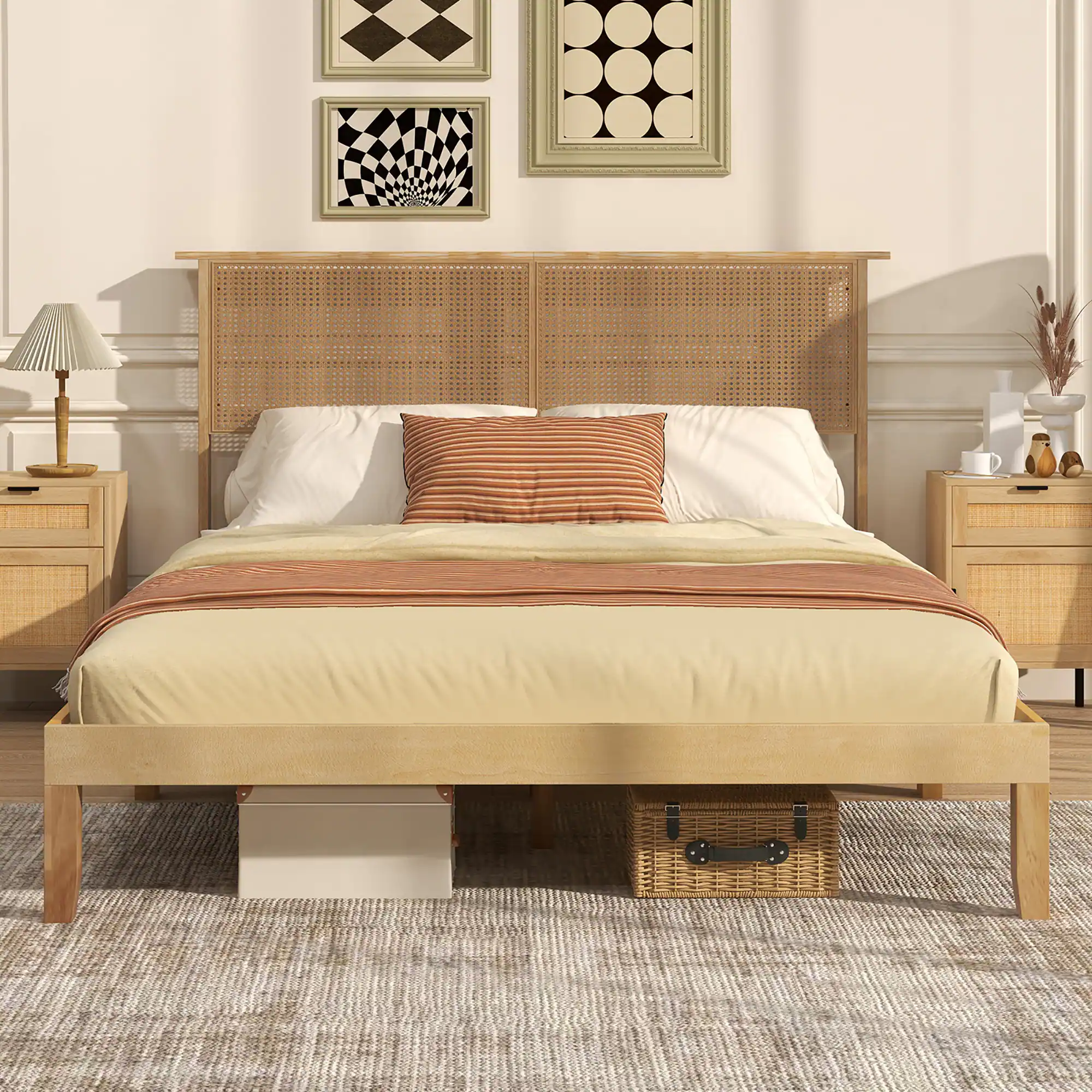 Alt View 3. Gymax - Gymax Queen Size Bed Frame w/ Rattan Headboard 10 Solid Wood Legs & 12 Wooden Slats - Natural.