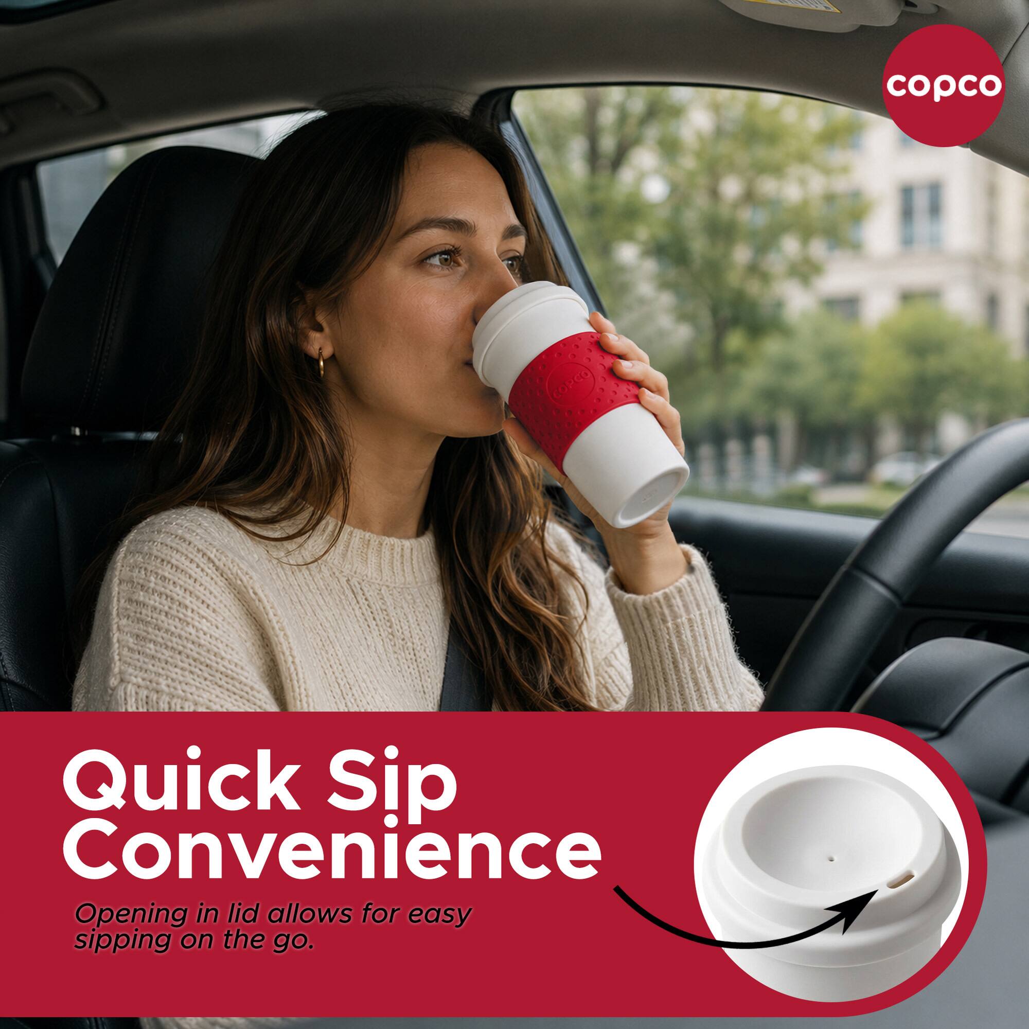 copco

Quick Sip Convenience

Opening in lid allows for easy sipping on the go.