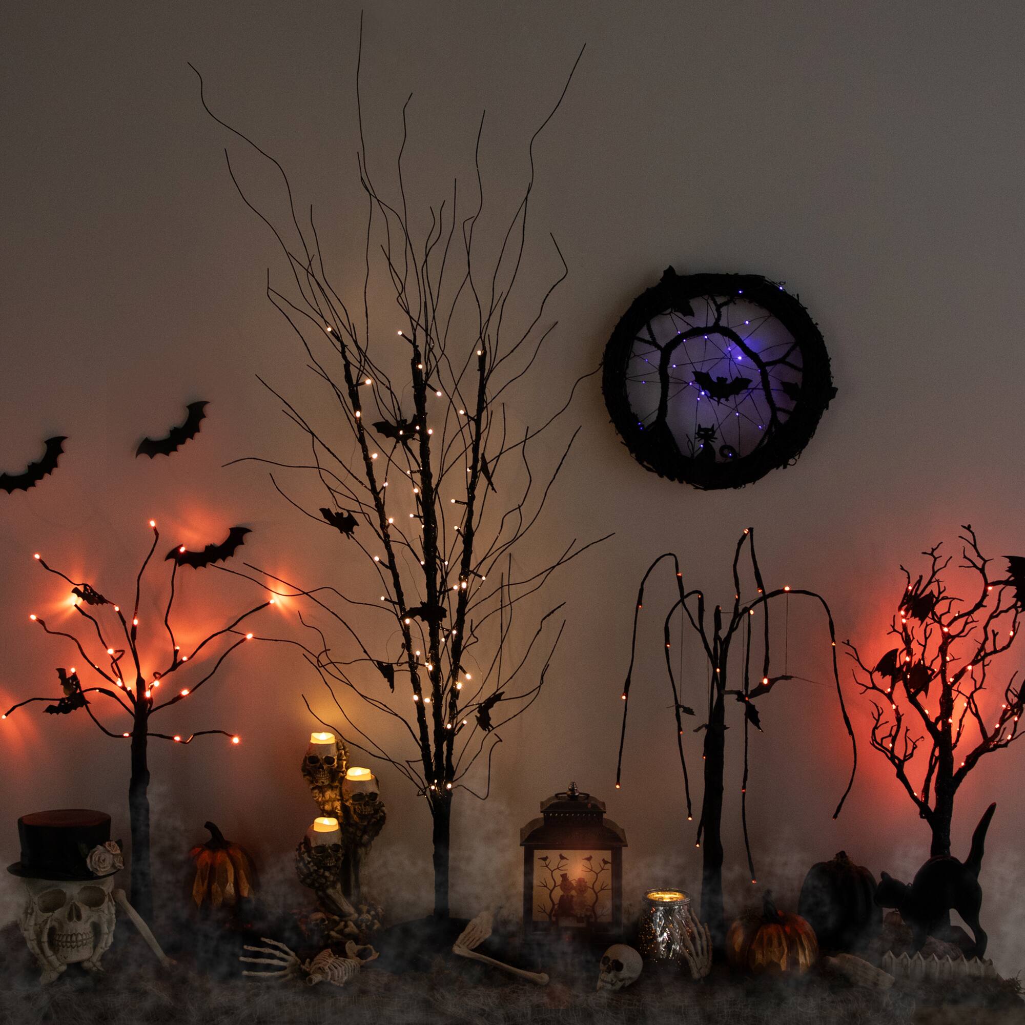 Front. Northlight - Pre-Lit Halloween Branch Tree with Bats - 50" - Black - LED Warm White - Black.