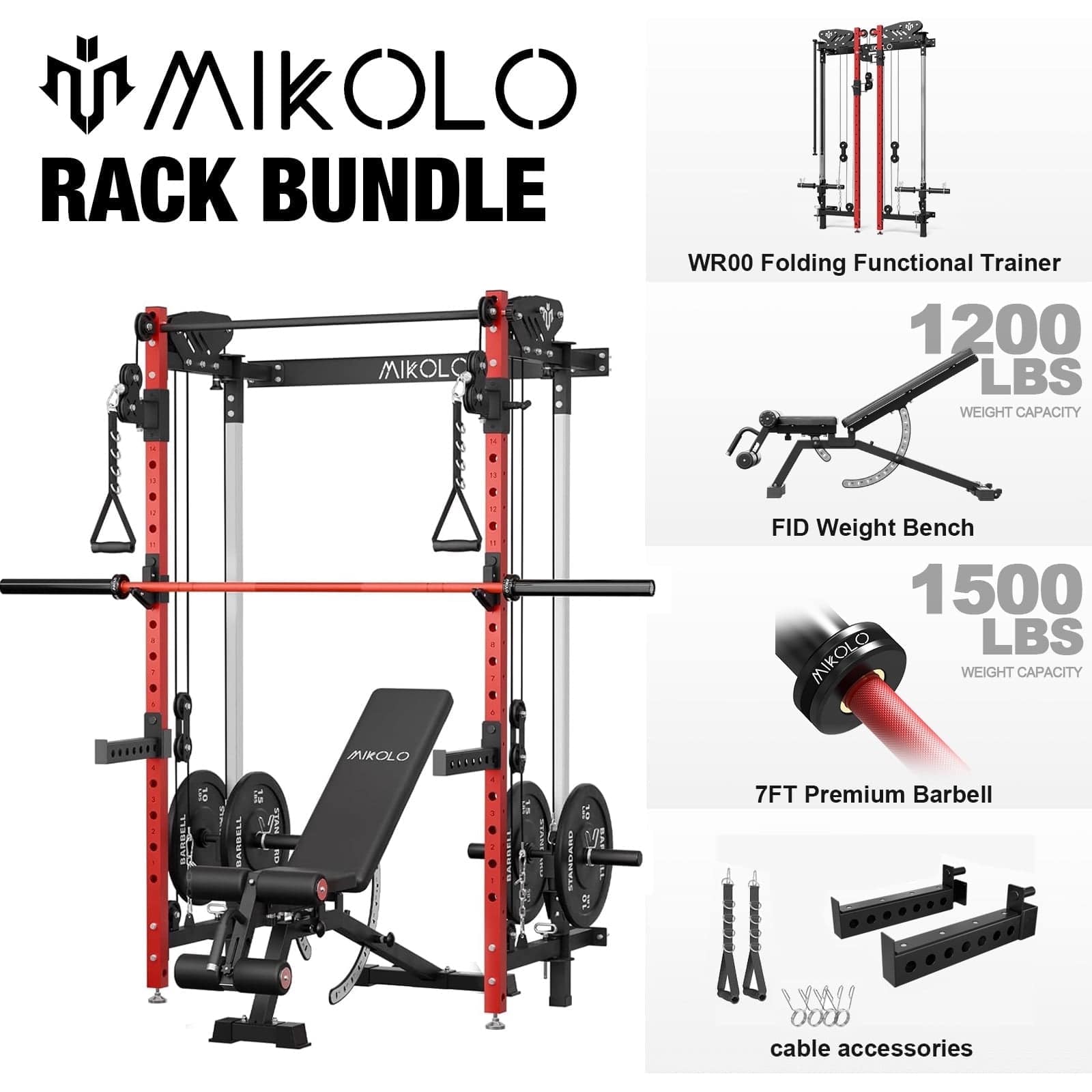 Mikolo - Foldable Power Rack Cage,1000lbs Capacity Wall Mounted Squat Rack with independent pulley system - Red