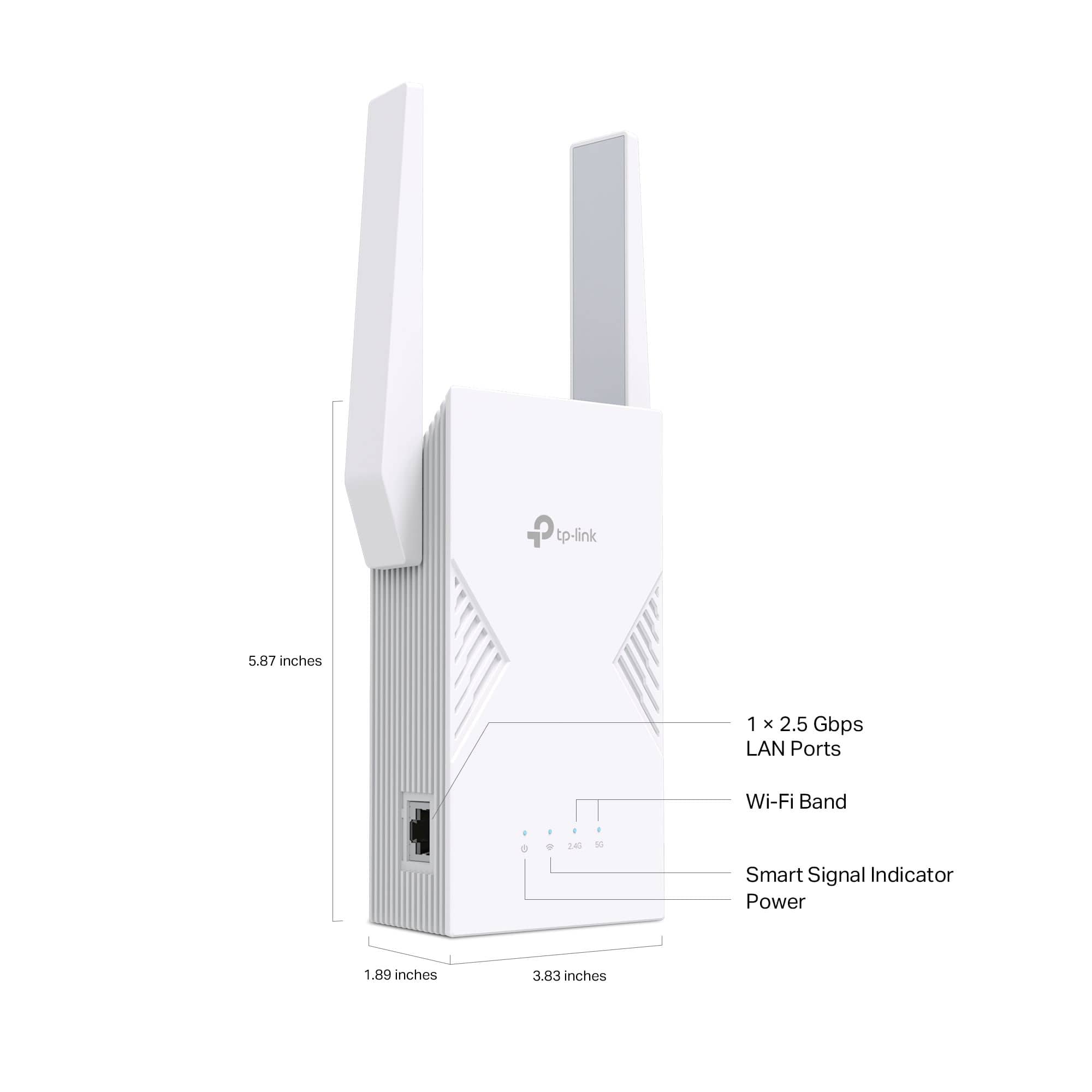 The image shows a white TP-Link device with a 5.87-inch height and 1 x 2.5 Gbps LAN ports. It also features a Wi-Fi band and a smart signal indicator. The device is 1.89 inches wide and 3.83 inches long.