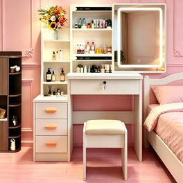 Anysun - Modern Makeup Vanity Set - LED Mirror, Storage Table & Stool, for Teens & Adults Bedroom/Dressing Room - White