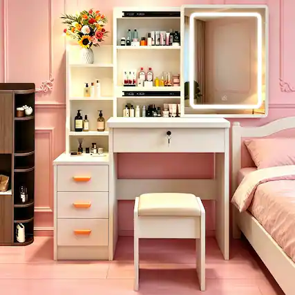 Front. Anysun - Modern White Makeup Vanity Set - LED Mirror, Storage Table & Stool, for Teens & Adults Bedroom/Dressing Room - White.