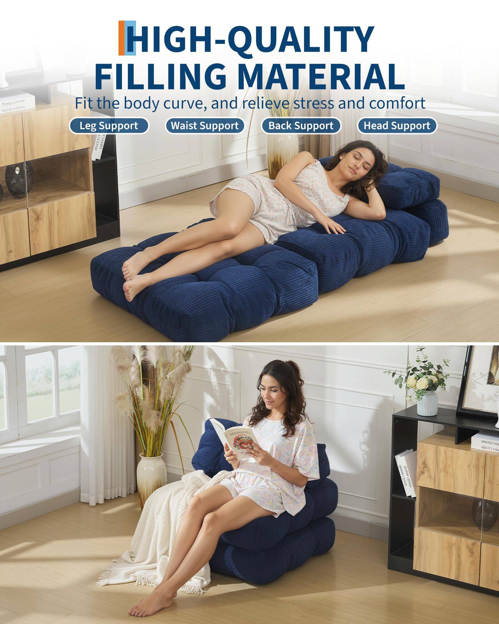 HIGH-QUALITY FILLING MATERIAL  
Fit the body curve, and relieve stress and comfort  

Leg Support  
Waist Support  
Back Support  
Head Support
