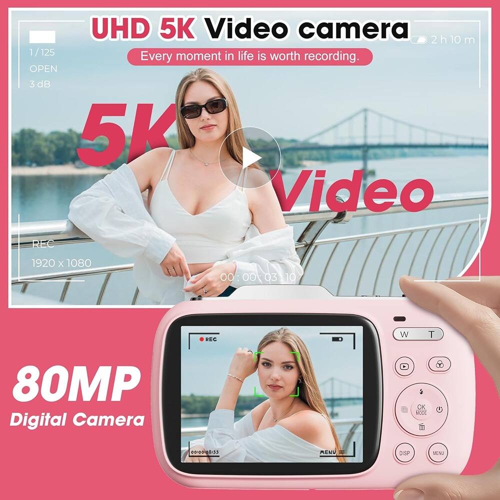 UHD 5K Video camera  
Every moment in life is worth recording.  
1/125  
OPEN  
3 dB  
5K Video  
1920 x 1080  
00:00:03:10  
80MP Digital Camera  
OK MODE  
00:00:03:53  
MENU DISP WNU