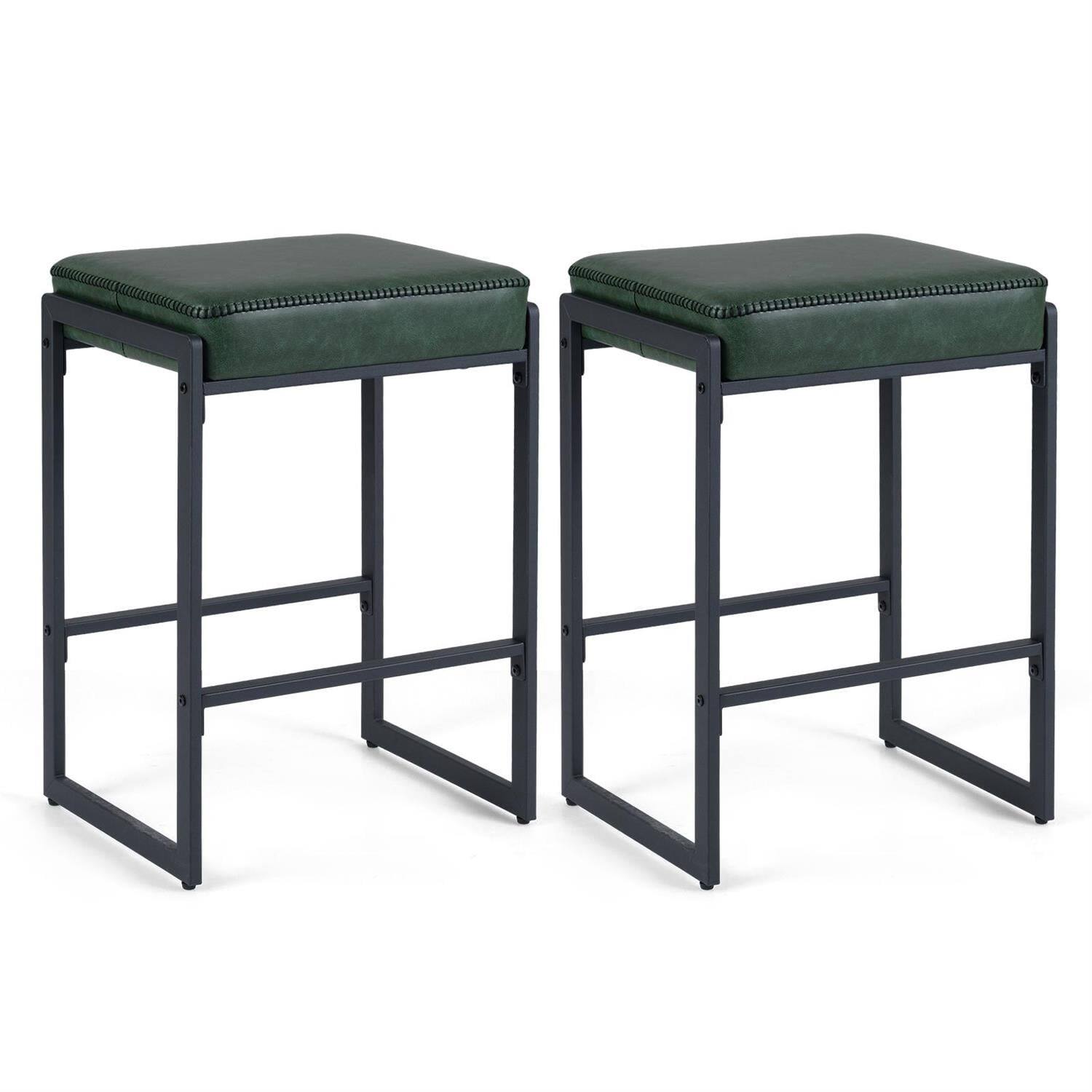 Angle. Pefilos - 26 Inch Counter Height Home Bar Stools Set of 2 with Faux Leather Upholstered Seat, Modern Kitchen Stools Island - Green.