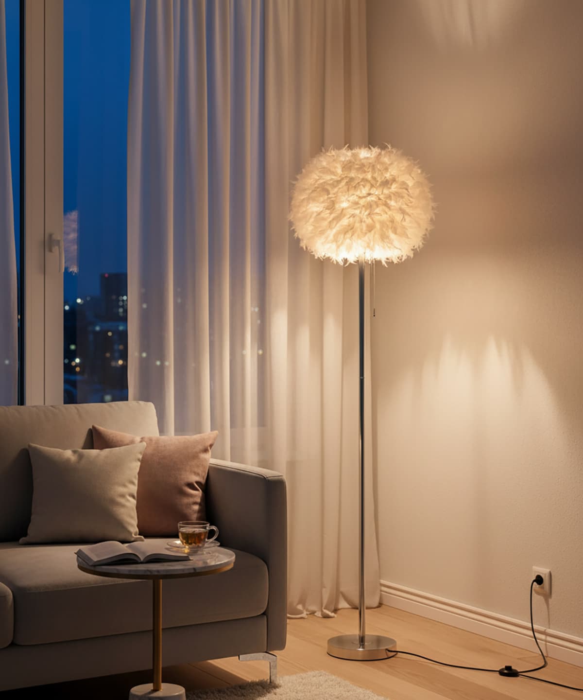 Alt View 4. FINEAK - Elegant White Feather Floor Lamp - Standing Lamp with In-Line On/Off Switch - White.
