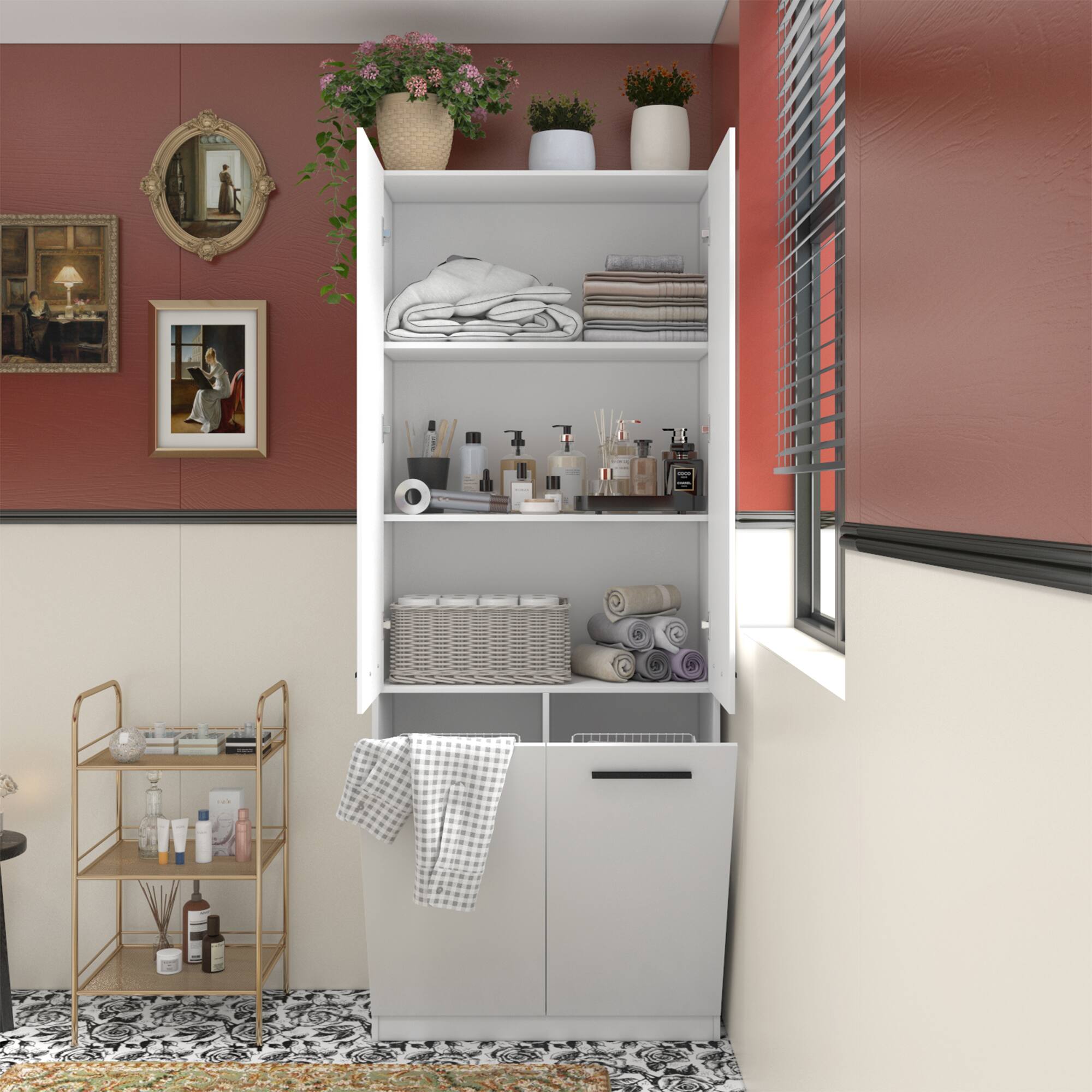Angle. FUFU & GAGA - Bathroom Storage Cabinet with Hidden Laundry Baskets – 78.7" Organizer Unit, Fixed Shelves, Flip‑Out Metal Hampers - White.