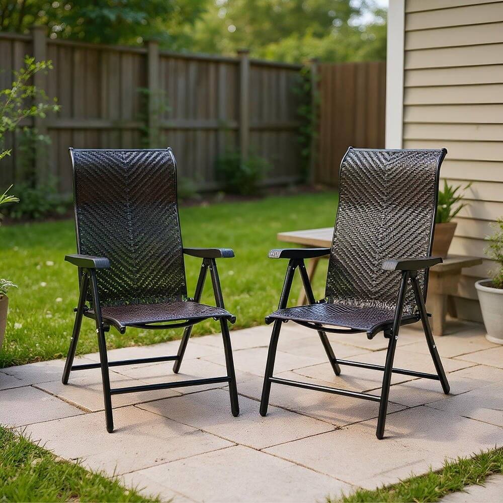 Front. Kadyn - 2 Pieces Patio Rattan Folding Reclining Chair, Outdoor Dining Chair for Outside Patio, All Weather, Porch-Black - Brown.