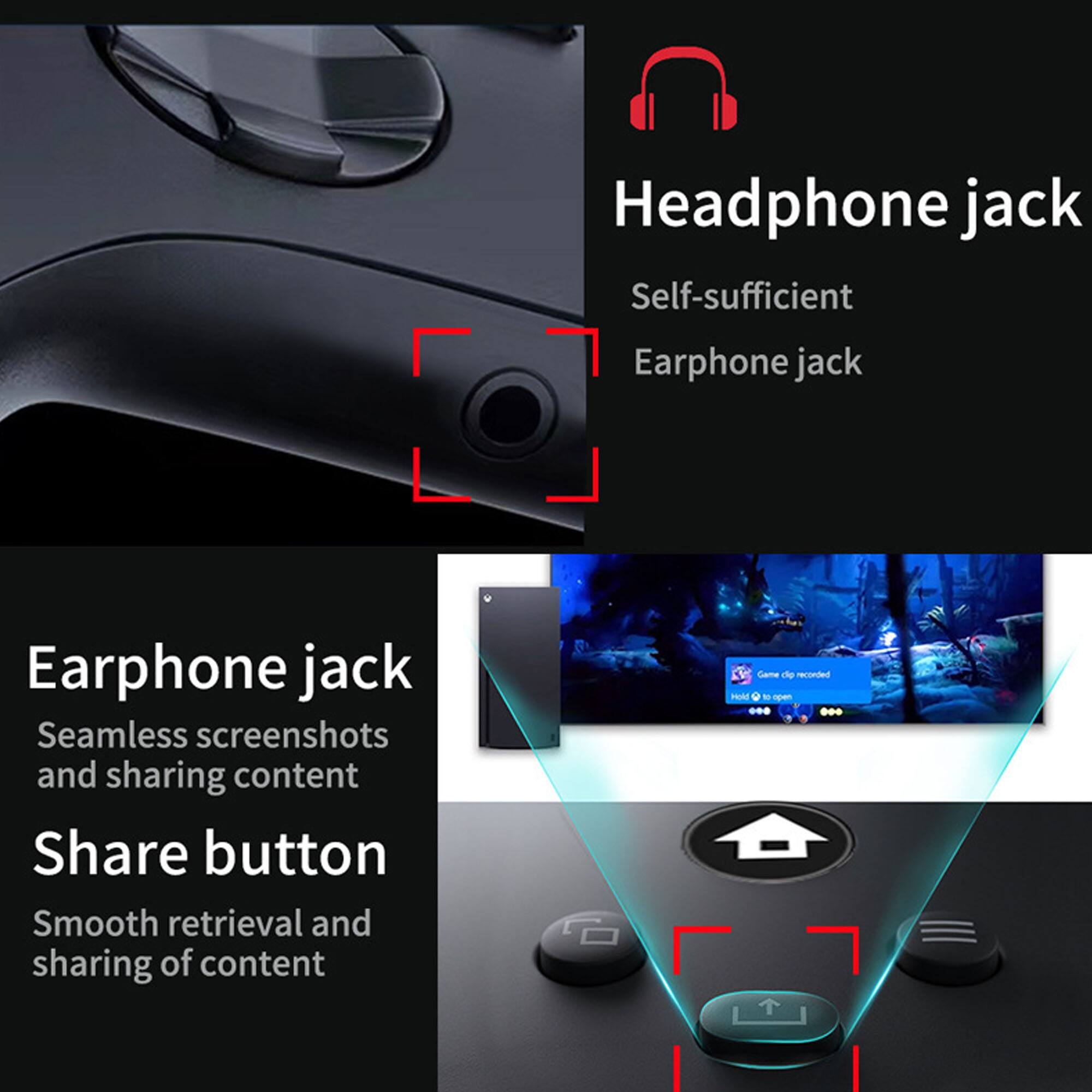 Headphone jack  
Self-sufficient  
Earphone jack  

Earphone jack  
Seamless screenshots and sharing content  

Share button  
Smooth retrieval and sharing of content