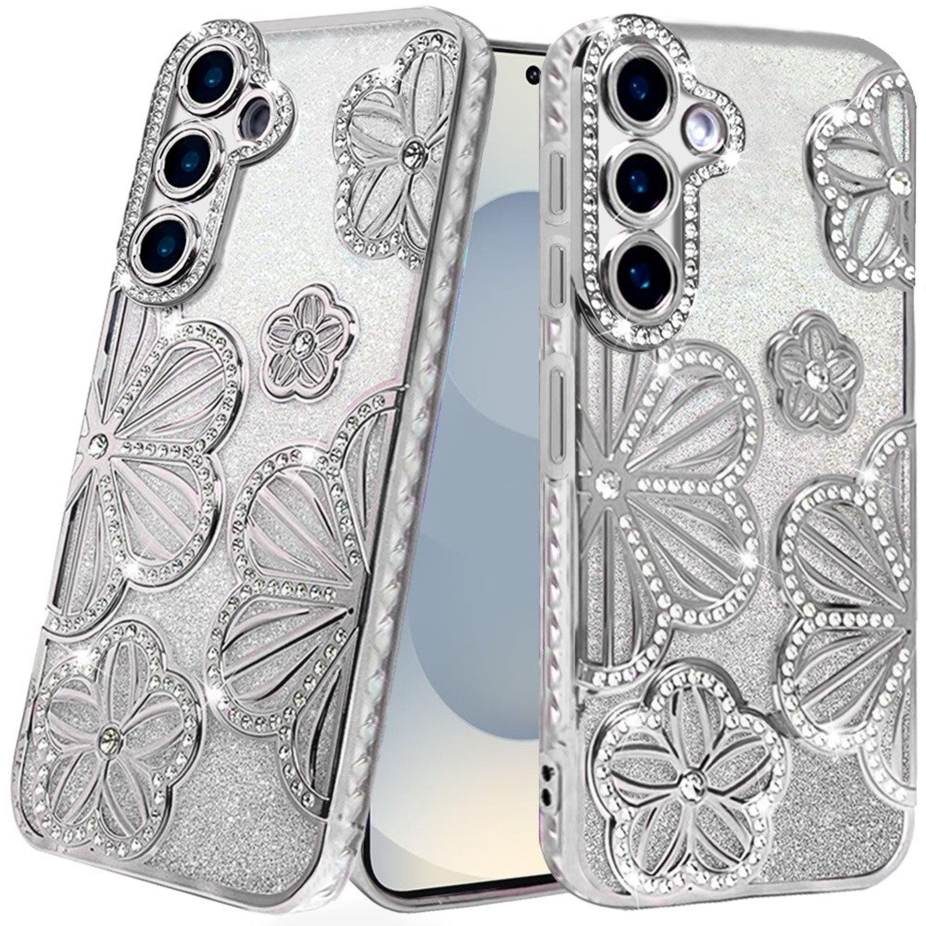 Kitcheniva - 3D Floral Glitter Bling Case With Tempered Glass For Samsung S26 Plus - Silver price history on PriceWatchPro