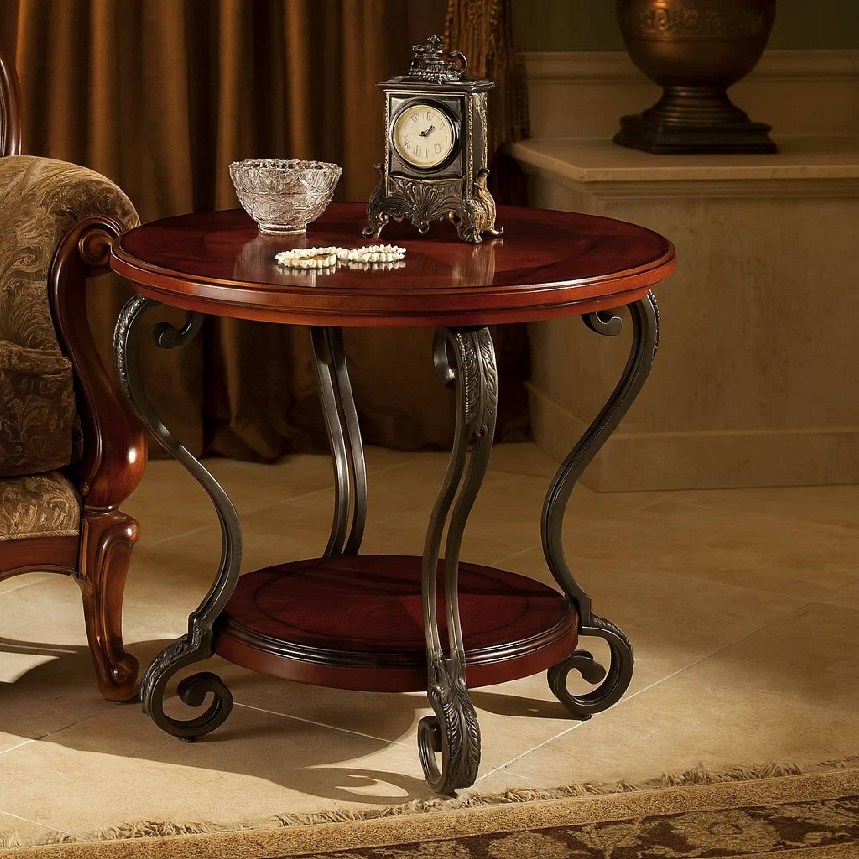 Alt View 6. Manhattan Lane - Round Wood and Metal End Table with Scroll Details, Brown - Brown.