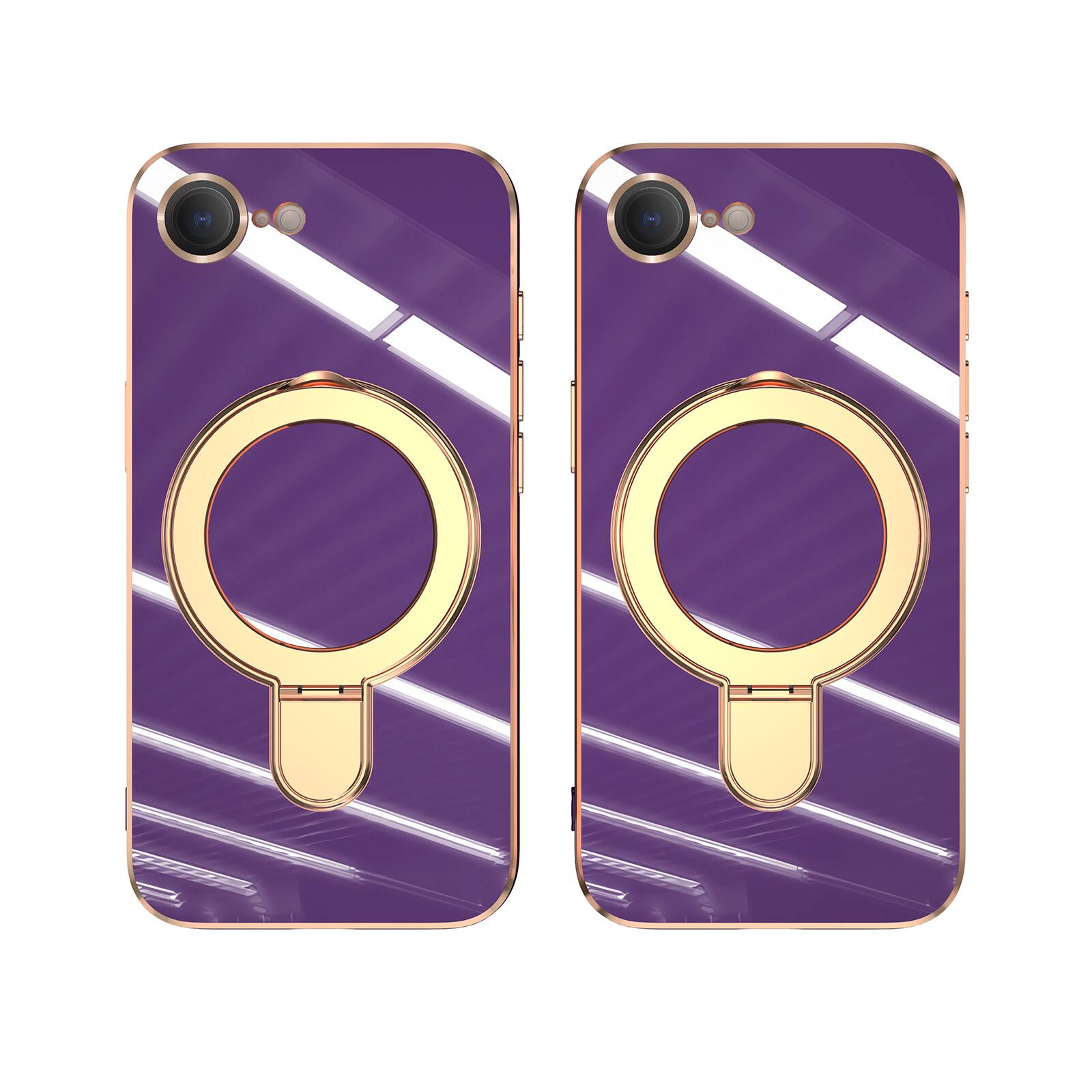 Angle. Dteck - Mag Safe Case for Apple iPhone 16e/17e,Slim Shockproof TPU Case with Metal Stand Plated Bumper Bulit in Glass Lens Film - Darkpurple.