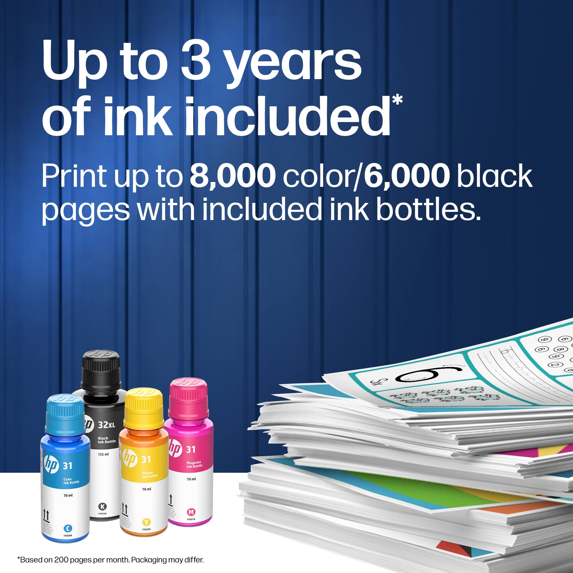 Up to 3 years of ink included*  
Print up to 8,000 color/6,000 black pages with included ink bottles.  
*Based on 200 pages per month. Packaging may differ.