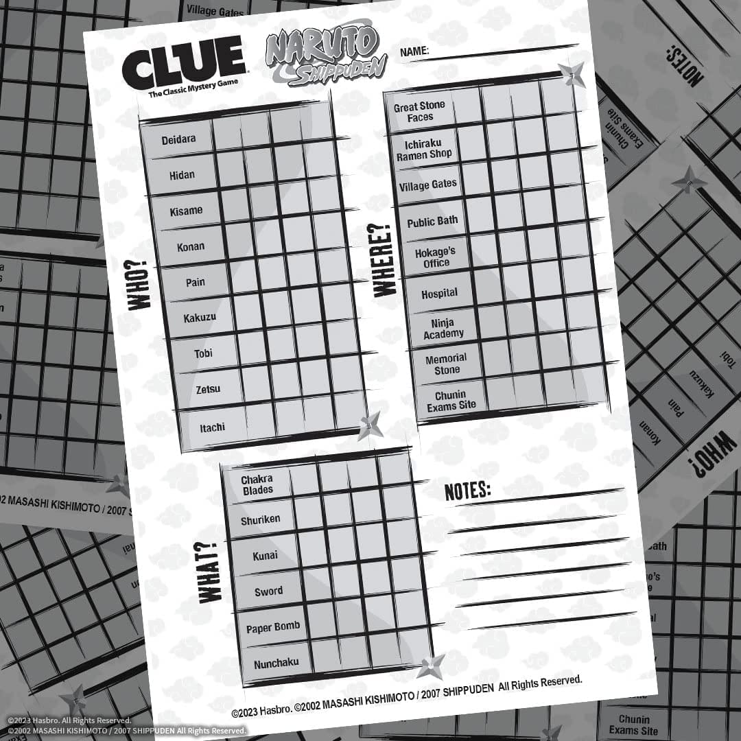 **CLUE**  
The Classic Mystery Game

**NARUTO SHIPPUDEN**

**NAME:**  
Mystery Game

**WHO?**  
Deidara  
Hidan  
Kisame  
Konan  
Pain  
Kakuzu  
Tobi  
Zetsu  
Itachi

**WHERE?**  
Great Stone Faces  
Ichiraku Ramen Shop  
Village Gates  
Public Bath  
Hokage's Office  
Hospital  
Ninja Academy  
Memorial Stone  
Chunin Exams Site

**WHAT?**  
Chakra Blades  
Shuriken  
Kunai  
Sword  
Paper Bomb  
Nunchaku

**NOTES:**  
2007 MASASHI KISHIMOTO / 2007 SHIPPUDEN  
© 2023 Hasbro. © 2002 MASASHI KISHIMOTO / 2007 SHIPPUDEN All Rights Reserved.