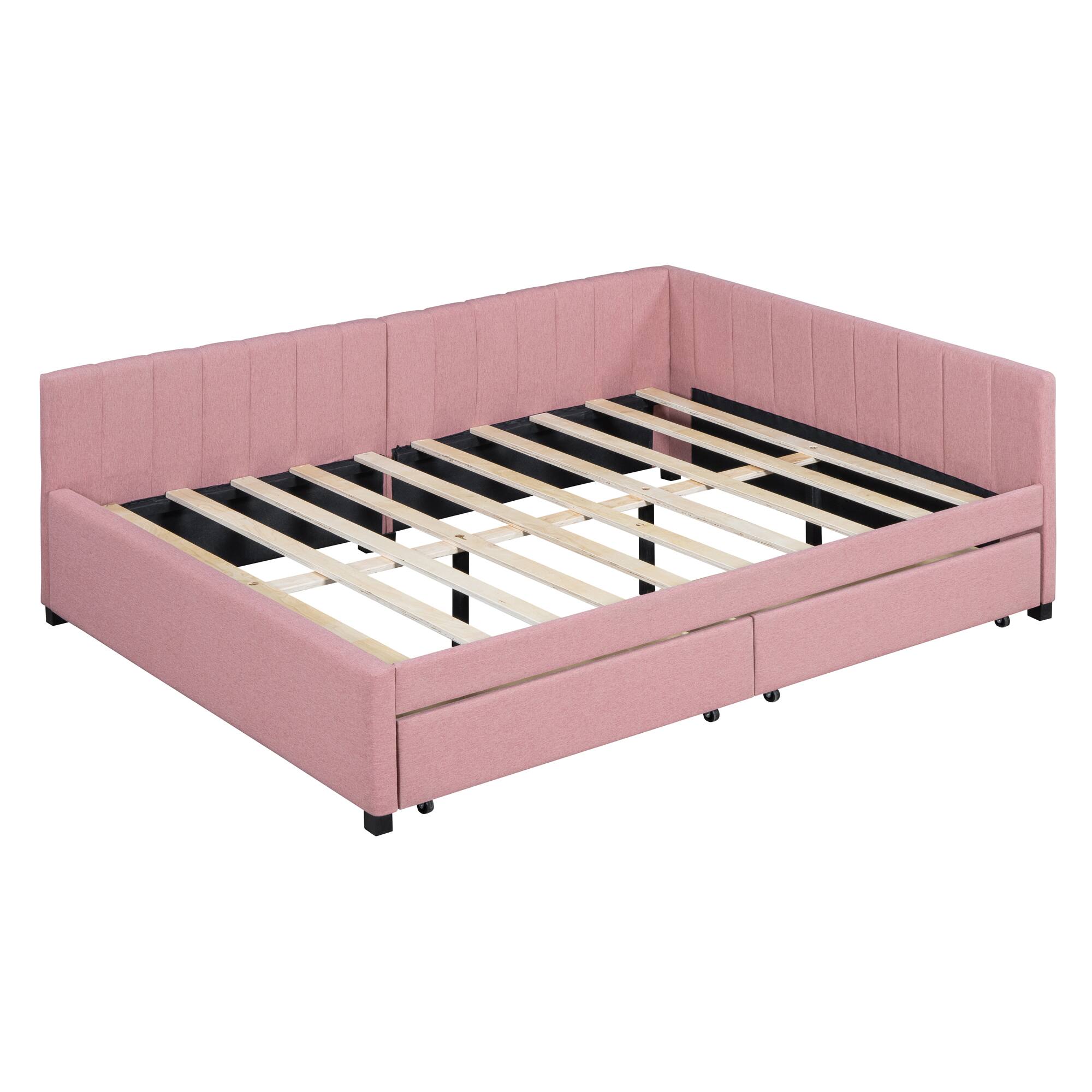 Alt View 5. Tiramisubest - Full Size Upholstered Daybed with 2 Storage Drawers Sofa Bed Frame No Box Spring Needed, Linen Fabric (Pink) - Pink.