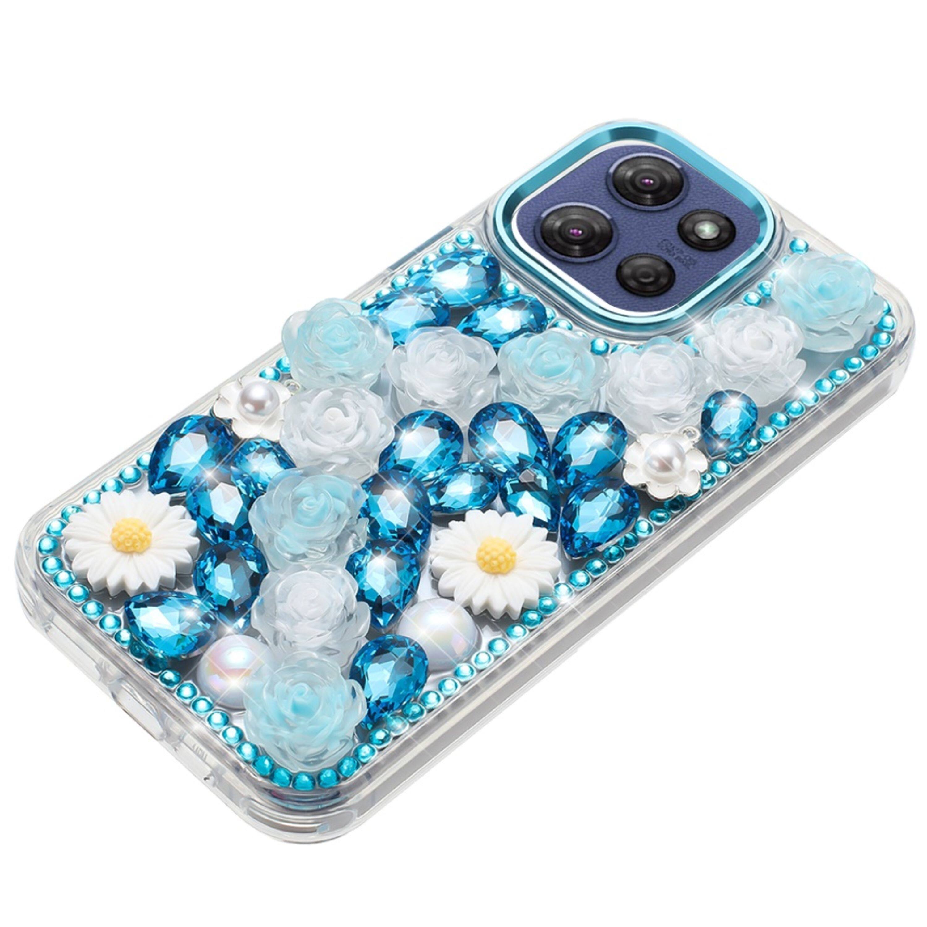 Left. Kitcheniva - Full 3D Bling Rhinestone Jewel Plus Tempered Glass For Moto G Stylus 2026/2025 Blue - Blue.